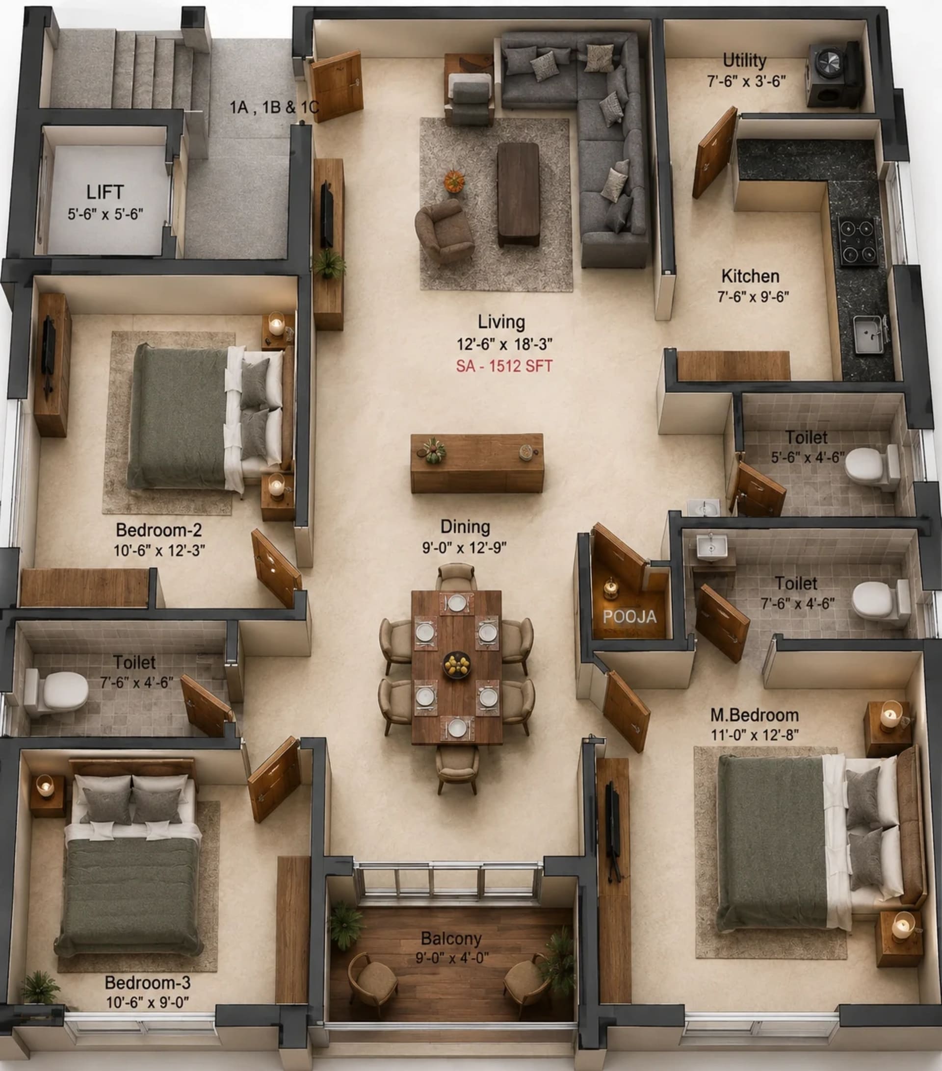 3 BHK Apartment Floor Plan – Preetha Park Avenue