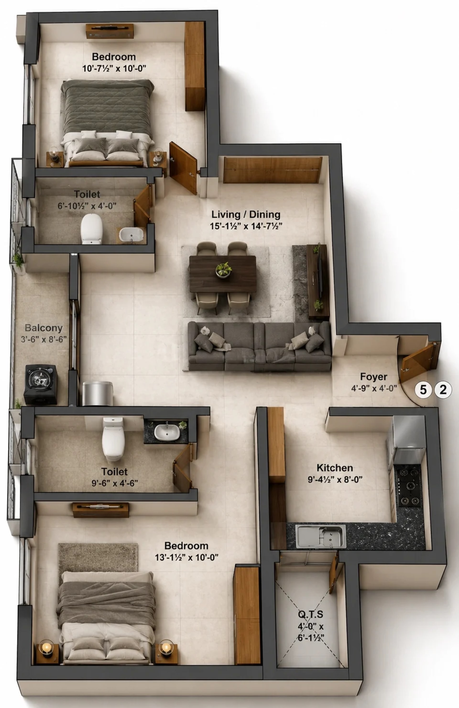 2 BHK Apartment Floor Plan – Preetha Sivaji Gardens