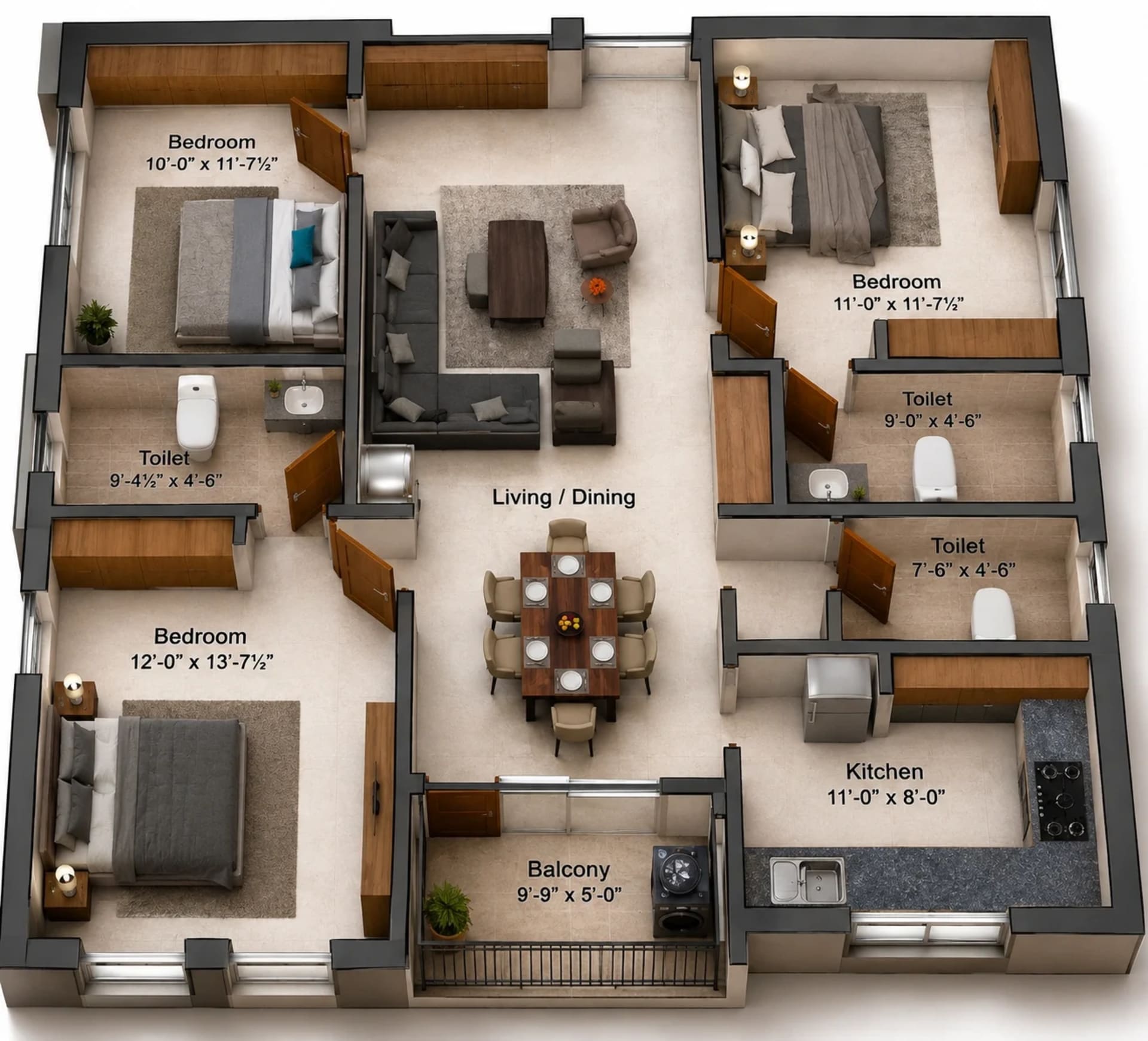 3 BHK Apartment Floor Plan – Preetha Sivaji Gardens