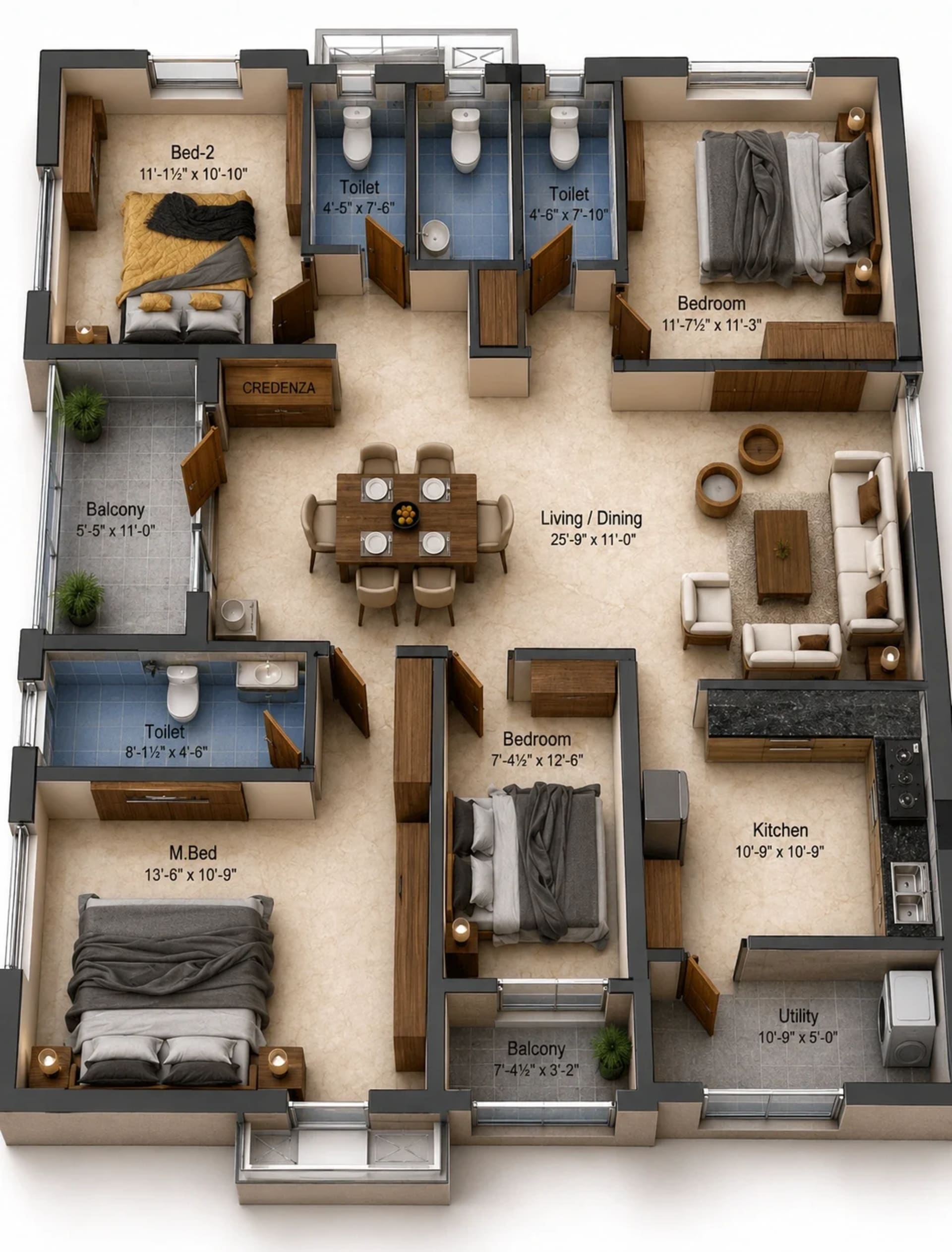 3 BHK Apartment Floor Plan – Preetha Sivaji Gardens