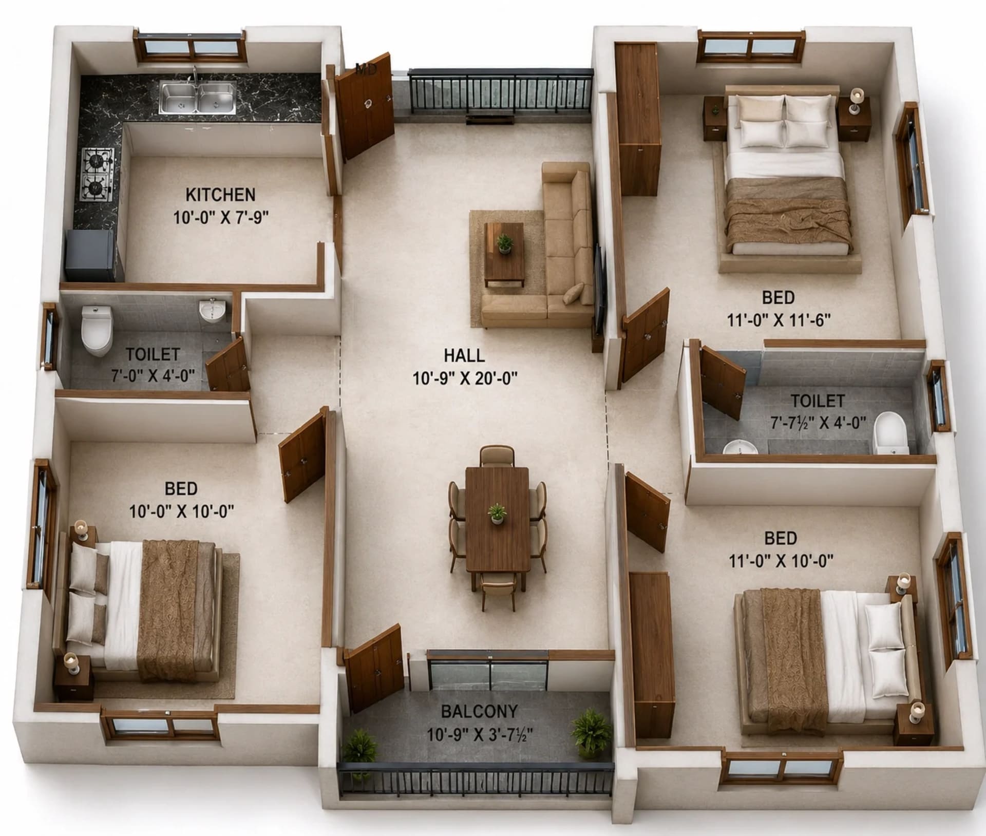 3 BHK Apartment Floor Plan – Perfect Prakruthi