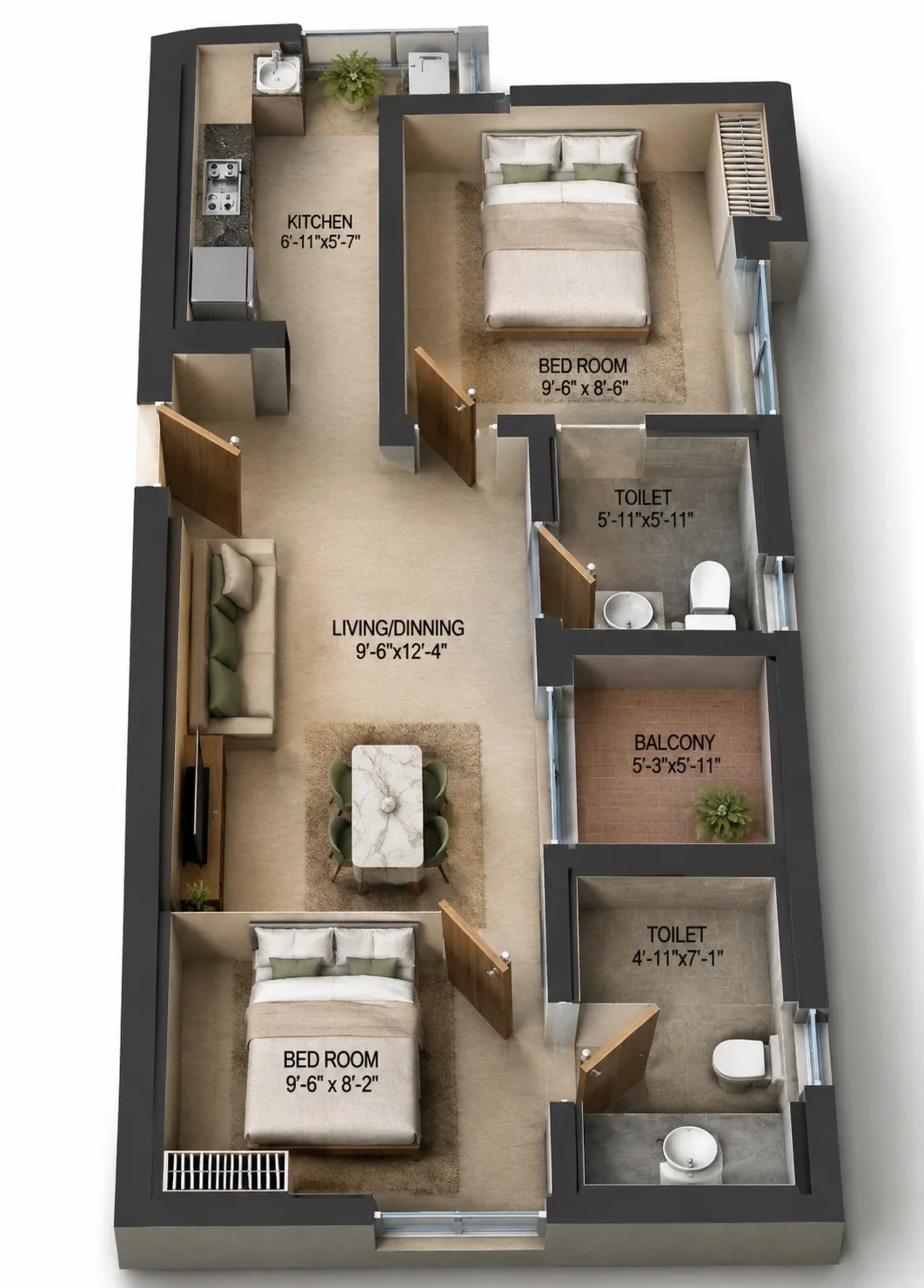 2 BHK Apartment Floor Plan – Arun Excello Lalithangi