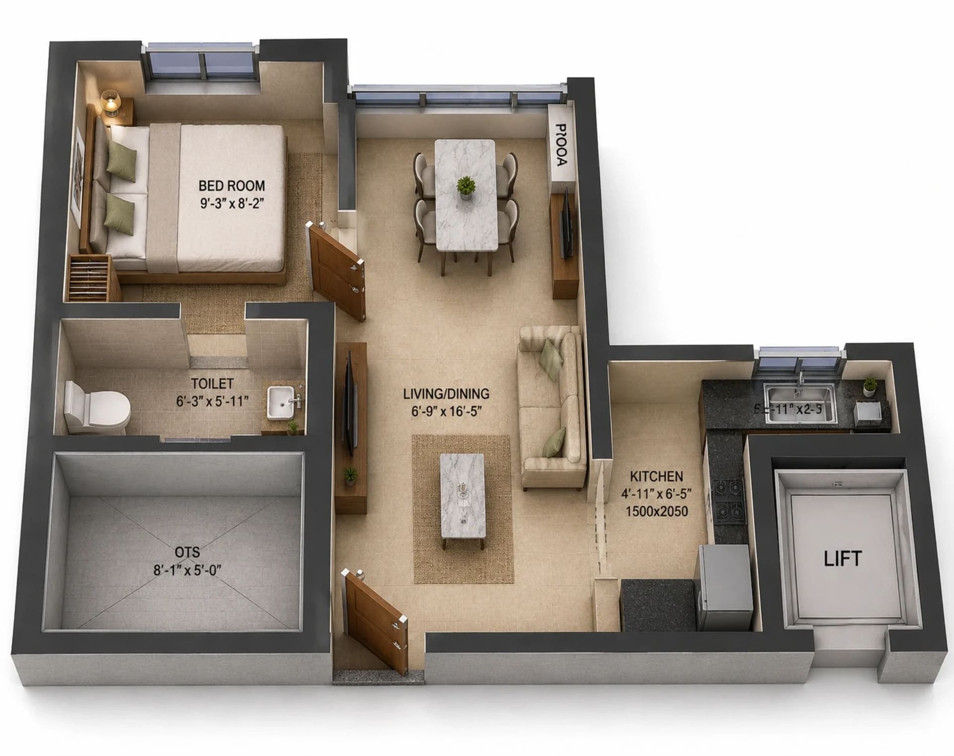 1 BHK Apartment Floor Plan – Arun Excello Lalithangi