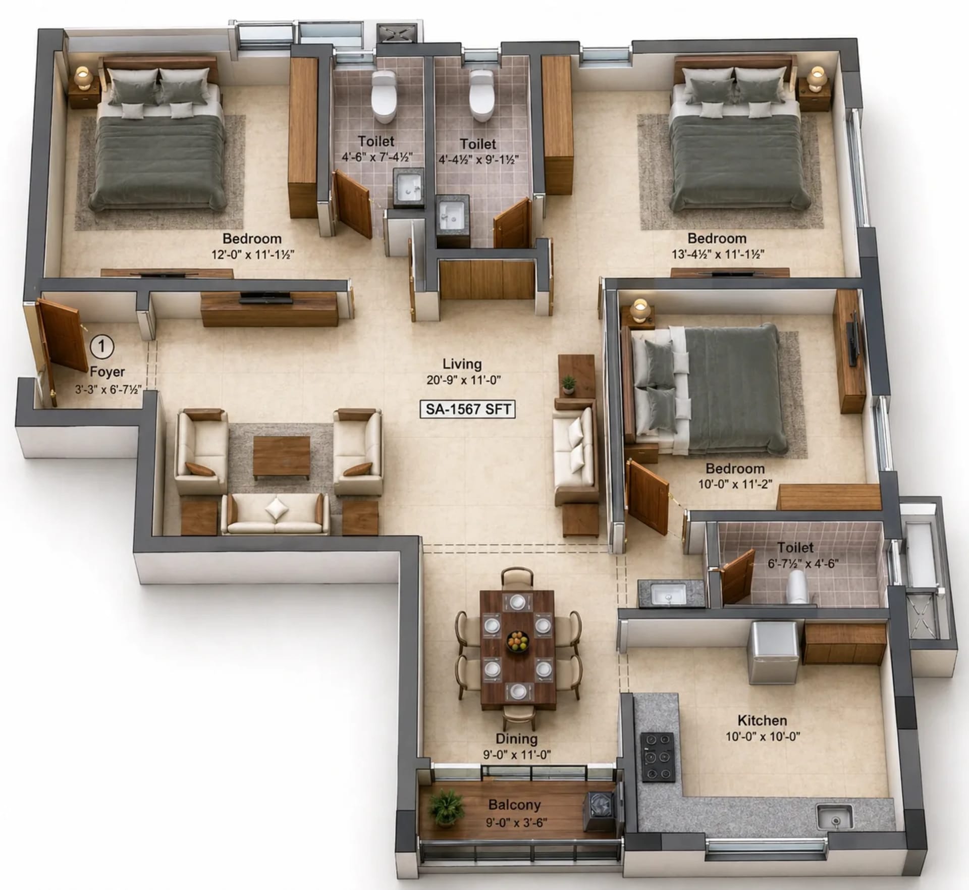 3 BHK Apartment Floor Plan – Preetha Bethel