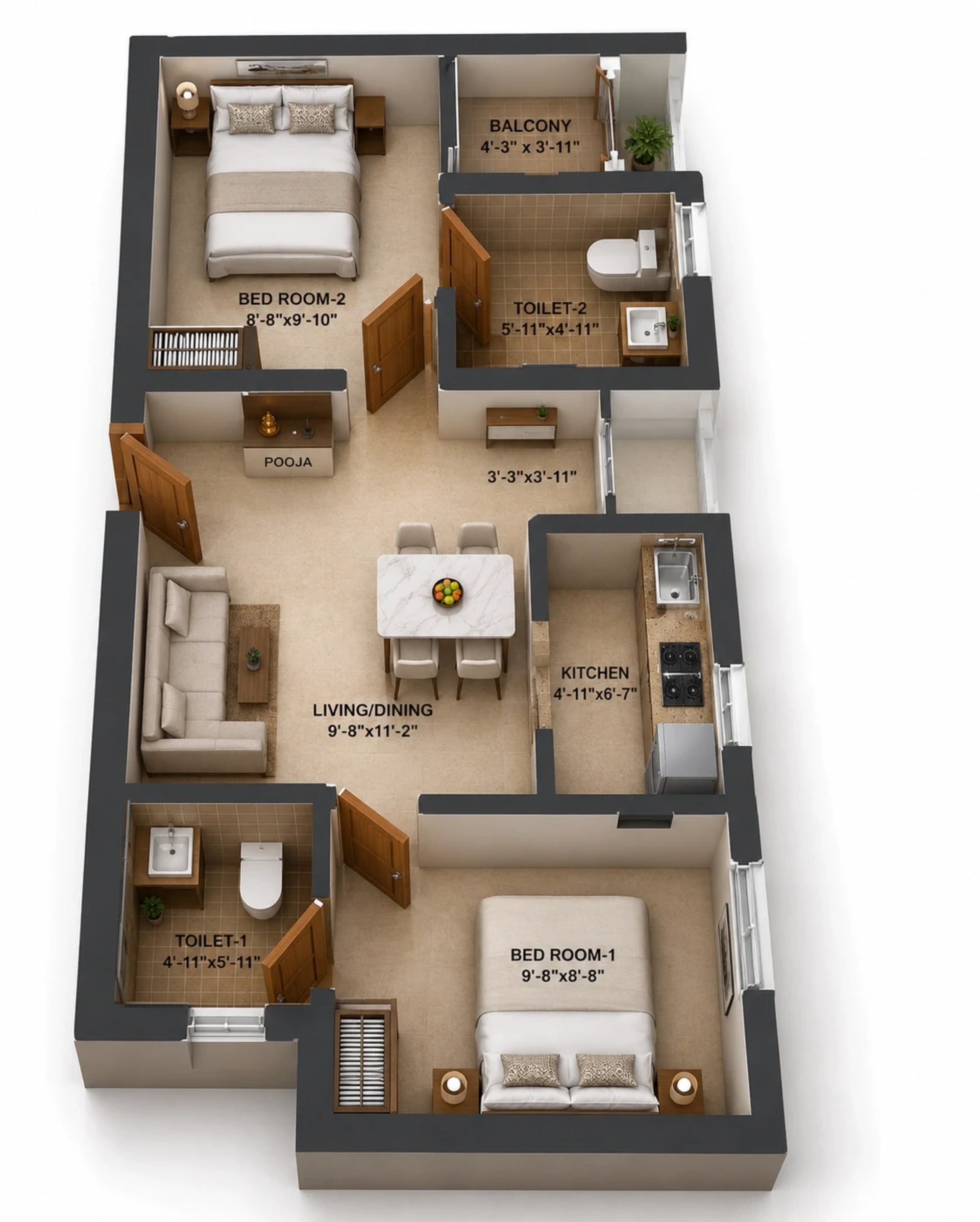 2 BHK Apartment Floor Plan – Arun Excello Lalitha