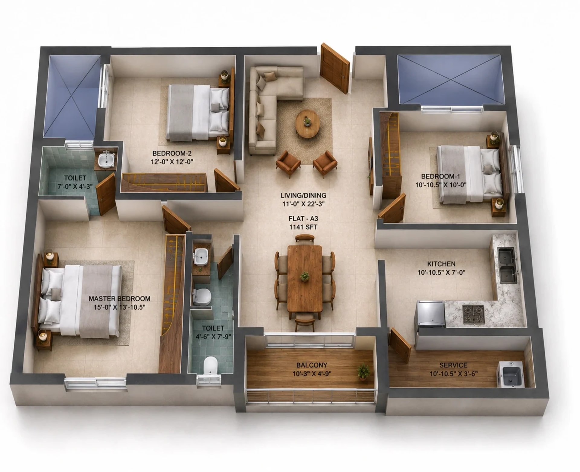 3 BHK Apartment Floor Plan – Traventure Nexus