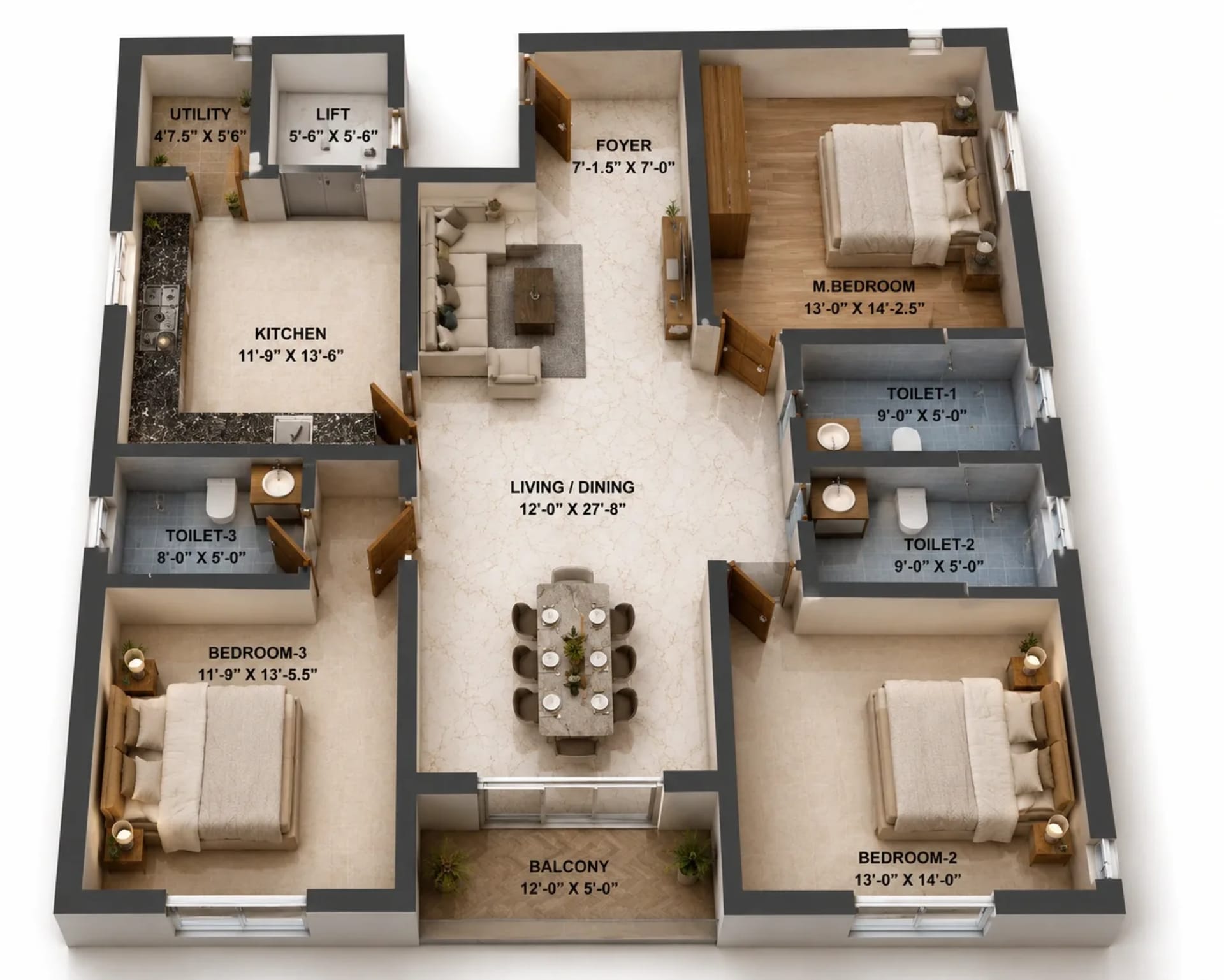 3 BHK Apartment Floor Plan – Traventure Thara