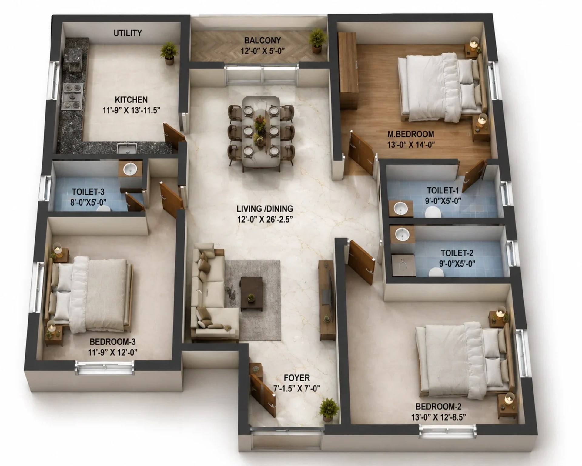 3 BHK Apartment Floor Plan – Traventure Thara