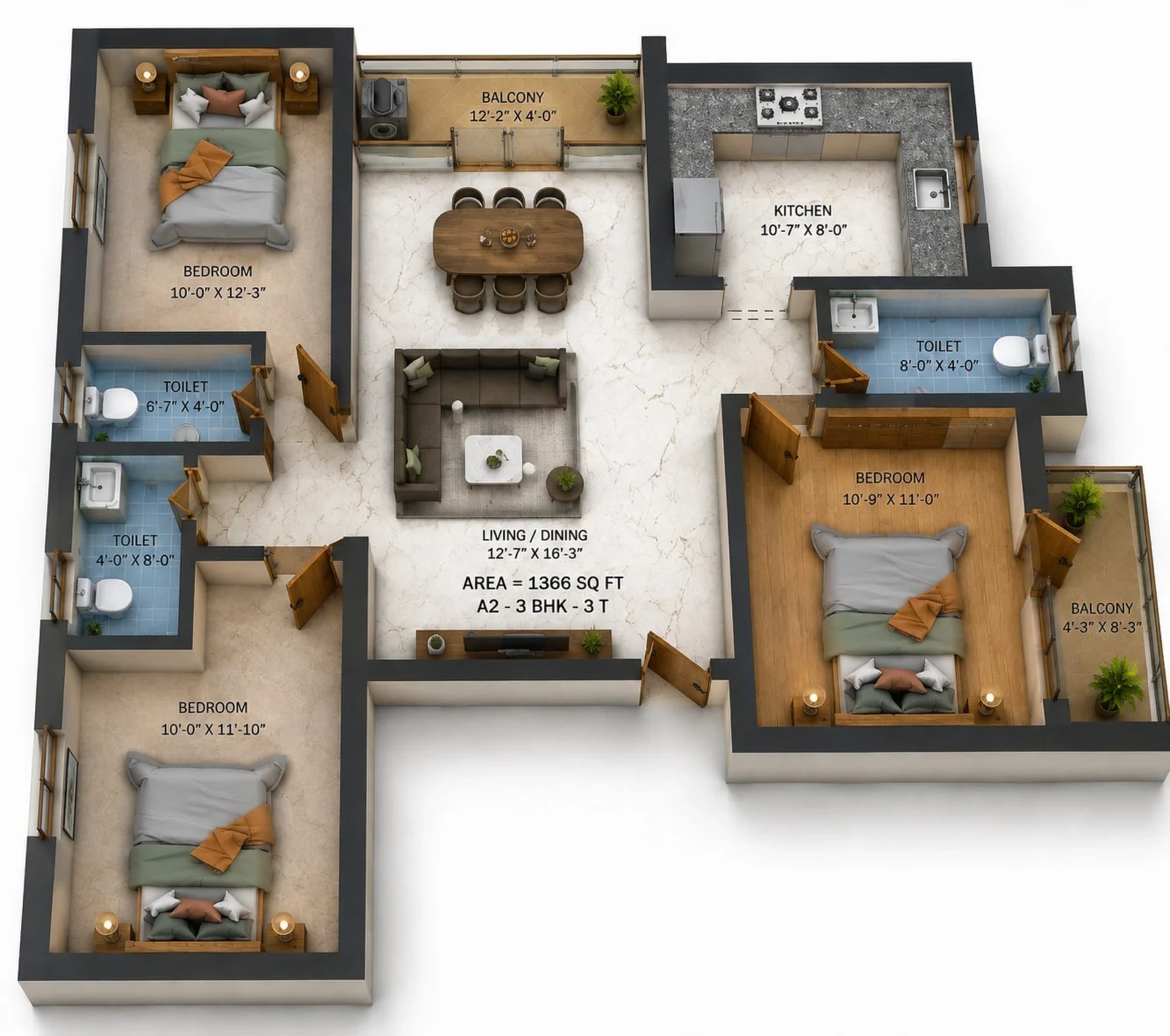3 BHK Apartment Floor Plan – Traventure Miracle Garden