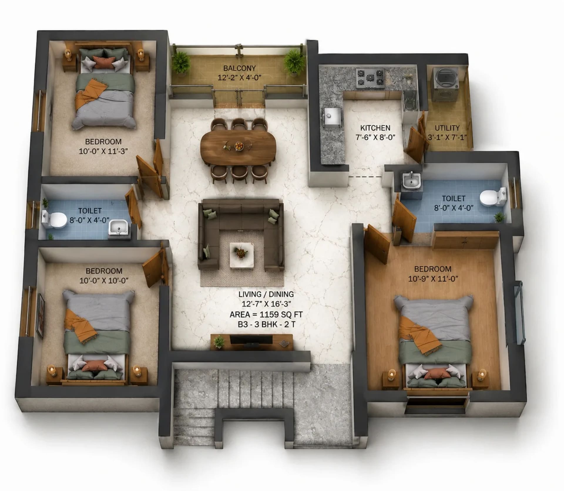 3 BHK Apartment Floor Plan – Traventure Miracle Garden
