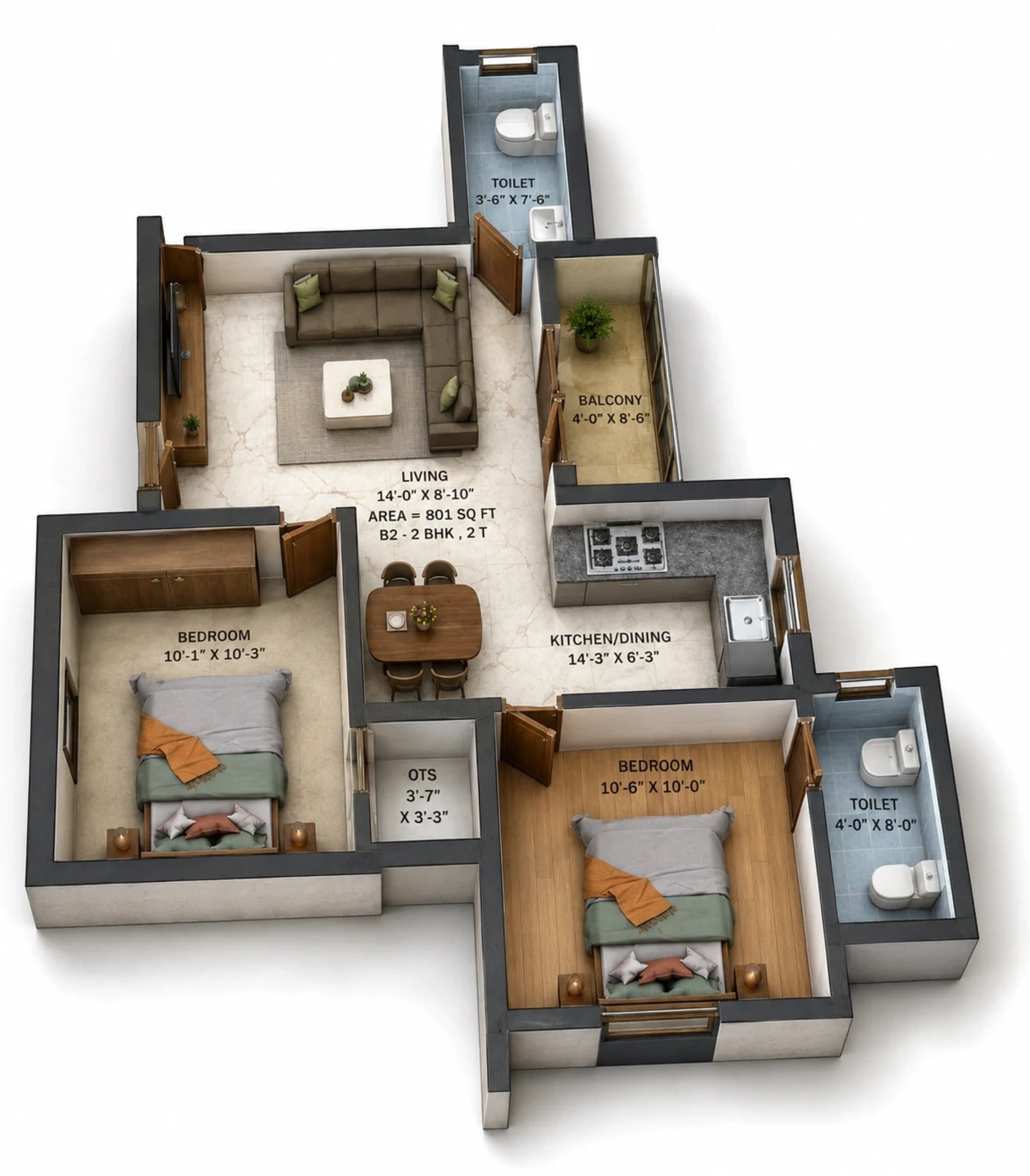 2 BHK Apartment Floor Plan – Traventure Miracle Garden