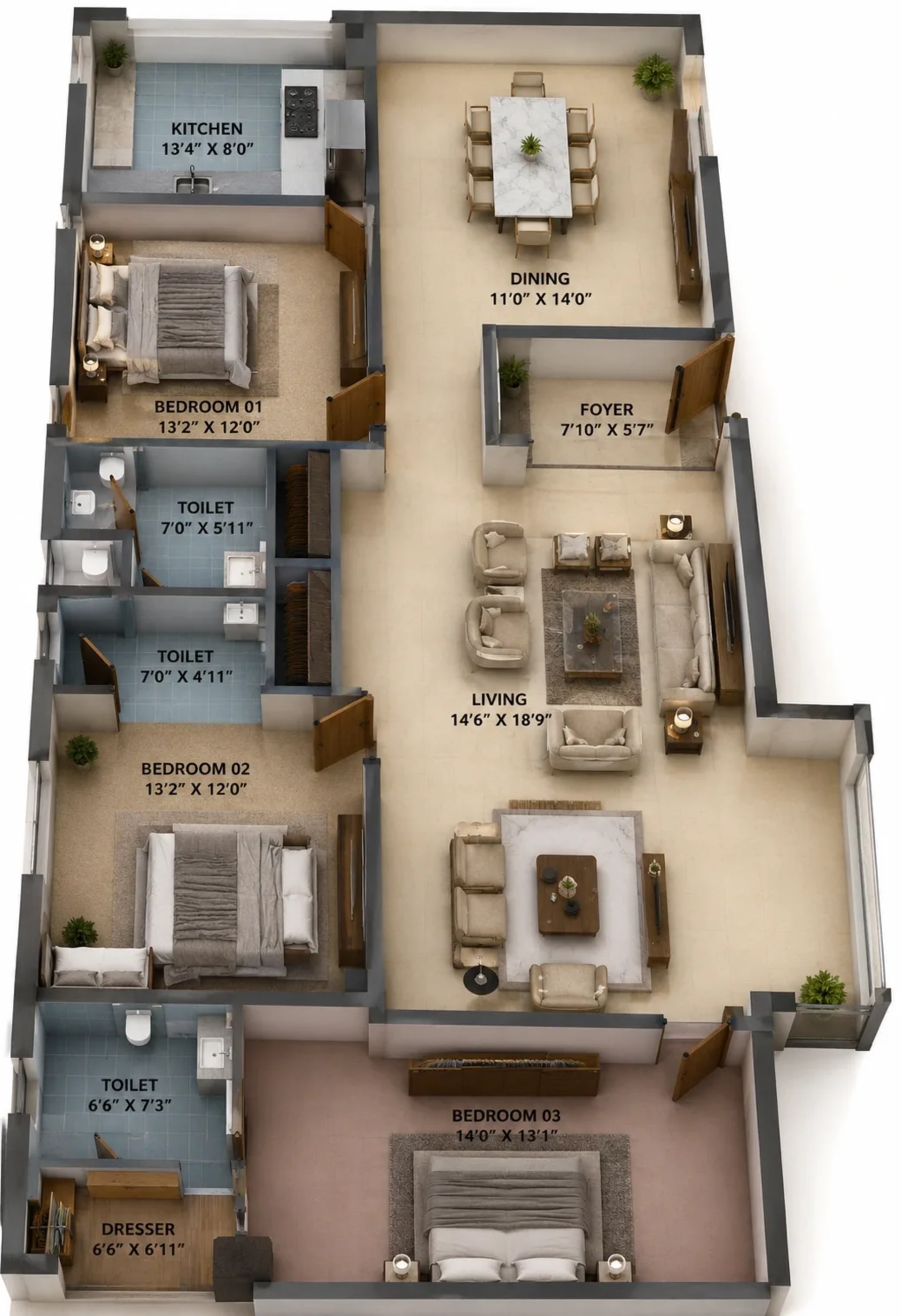 3 BHK Apartment Floor Plan – SVH Lush