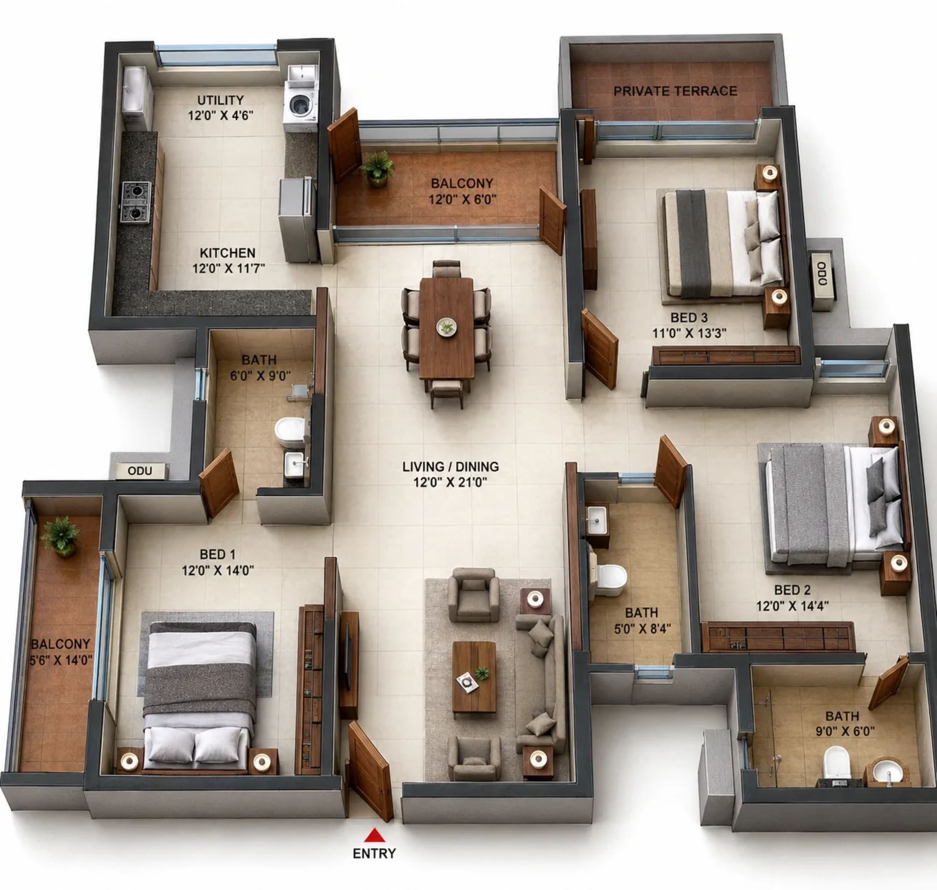 3 BHK Apartment Floor Plan – Casagrand Madelyn