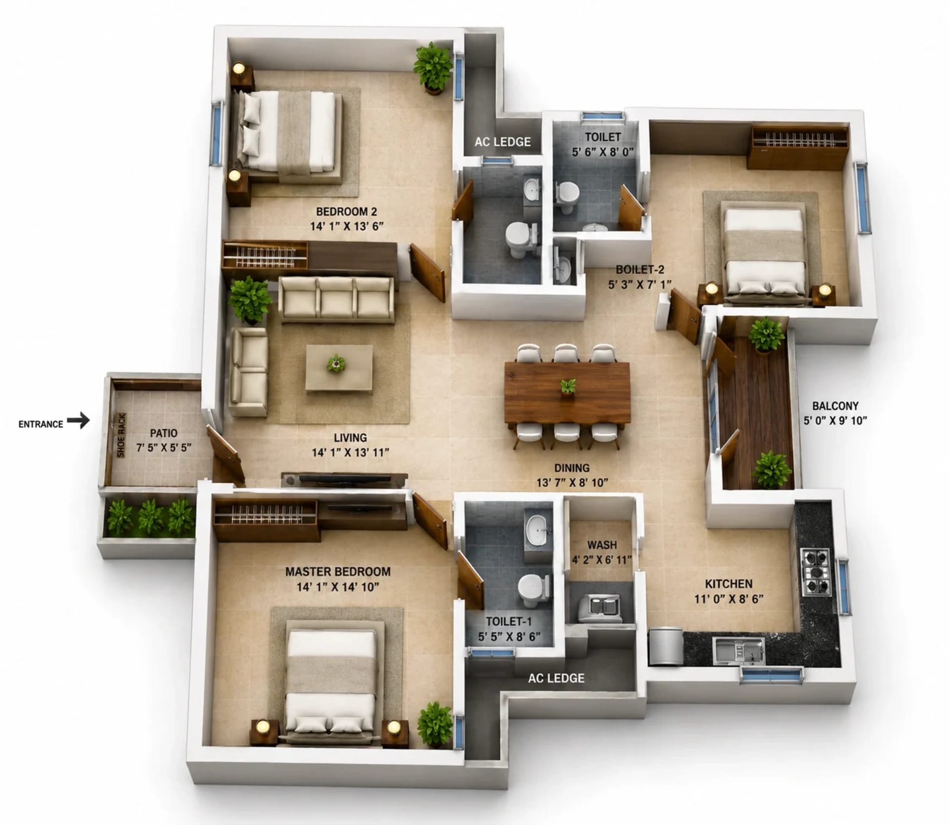 3 BHK Apartment Floor Plan – Arihant Mélange