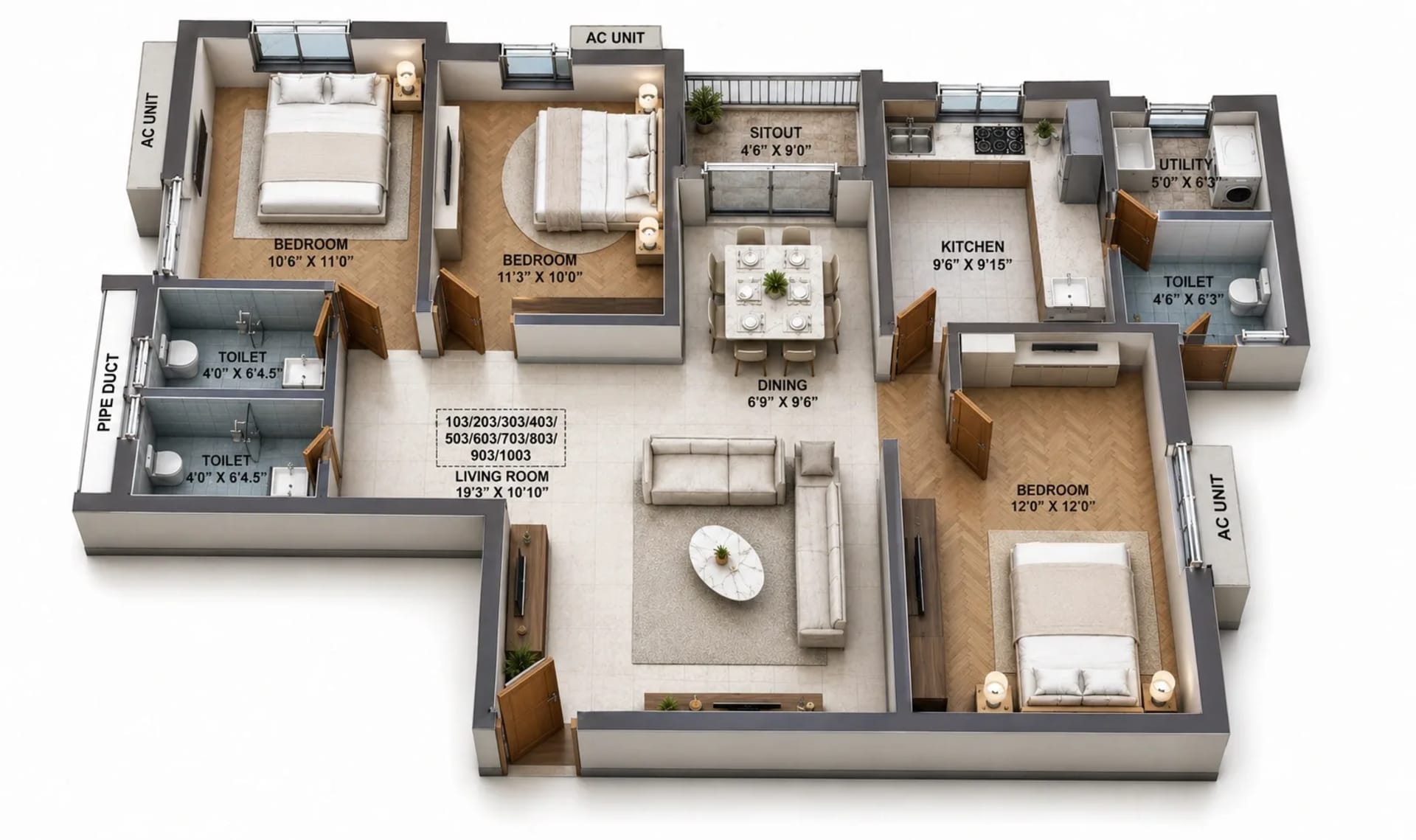 3 BHK Apartment Floor Plan – Nexas Cove