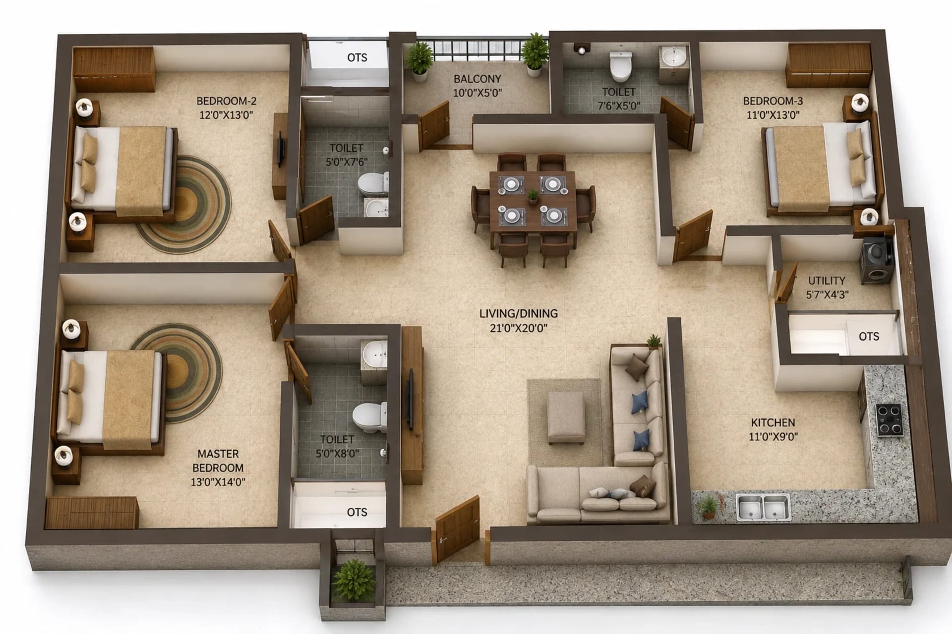 3 BHK Apartment Floor Plan – India Temple Residency