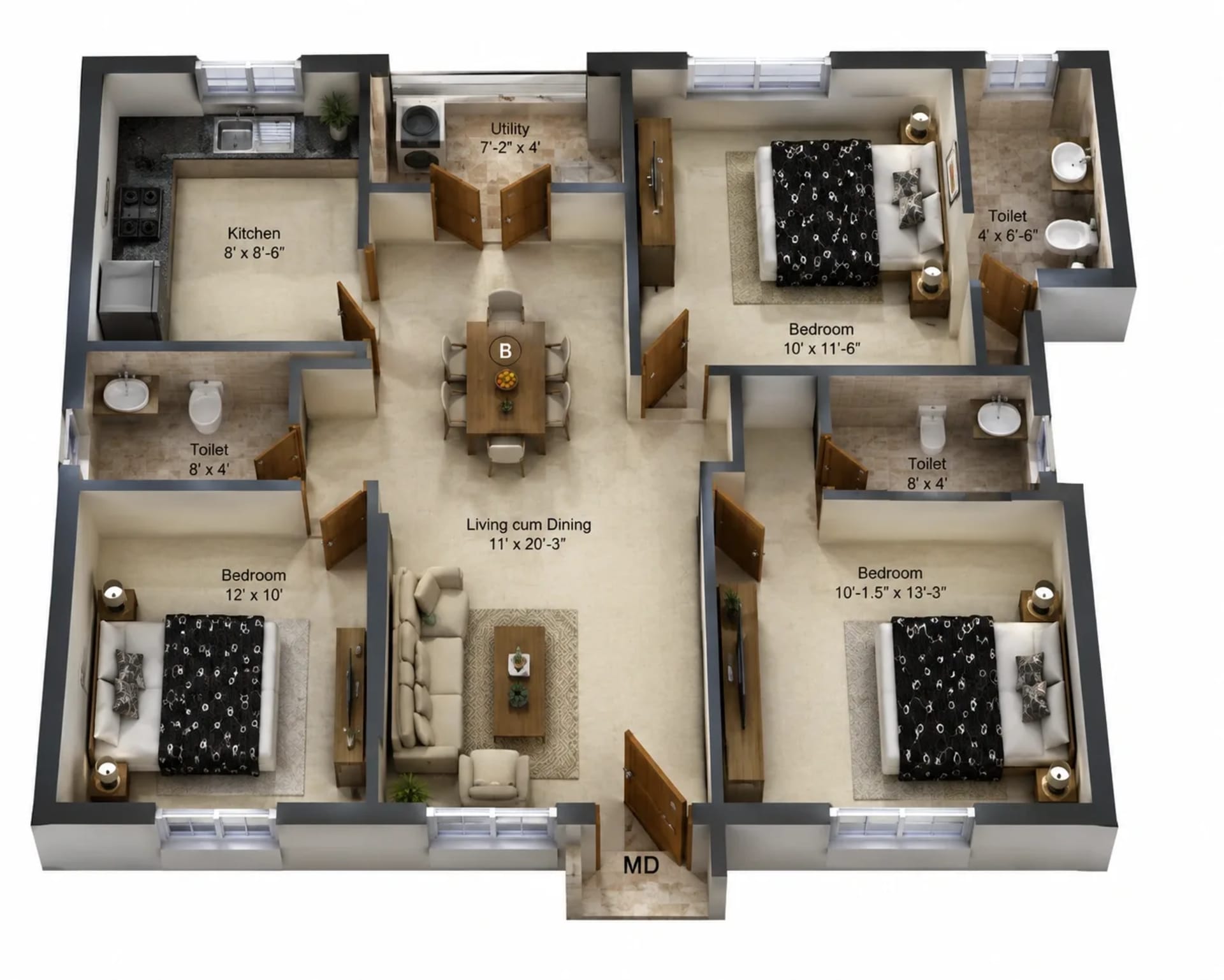 3 BHK Apartment Floor Plan – Rajnis Sunshine