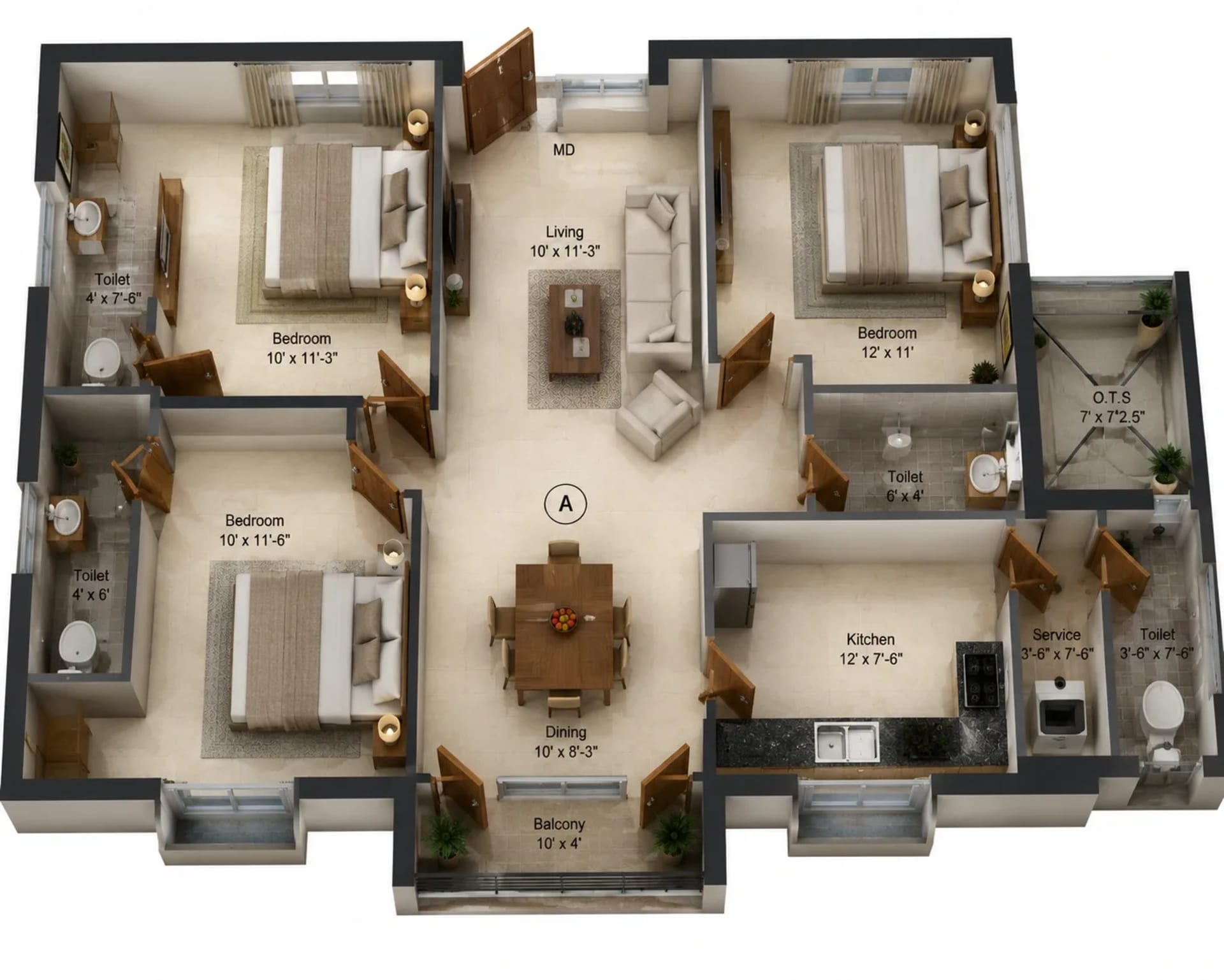 3 BHK Apartment Floor Plan – Rajnis Sunshine