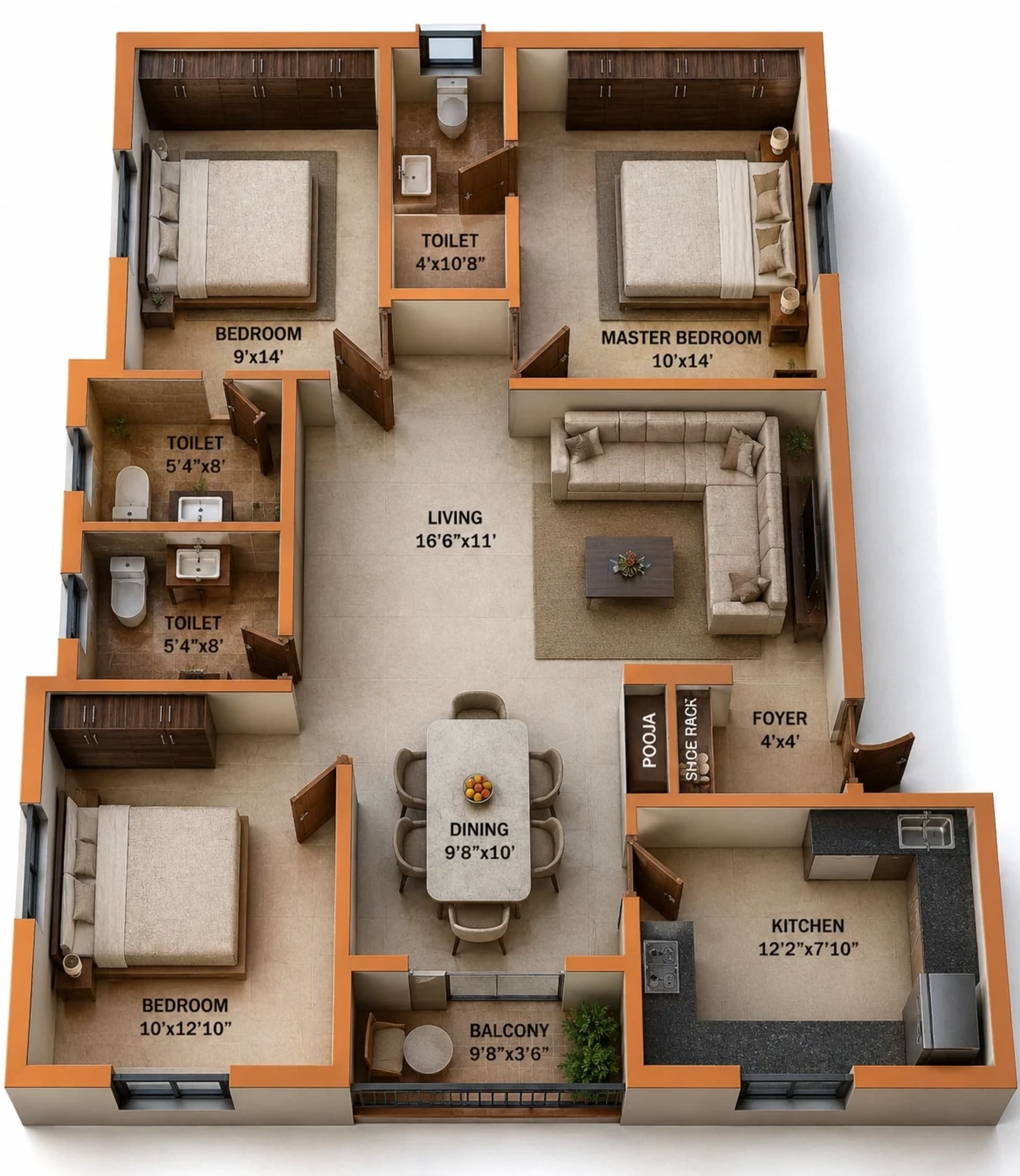3 BHK Apartment Floor Plan – Kaizen Mangal