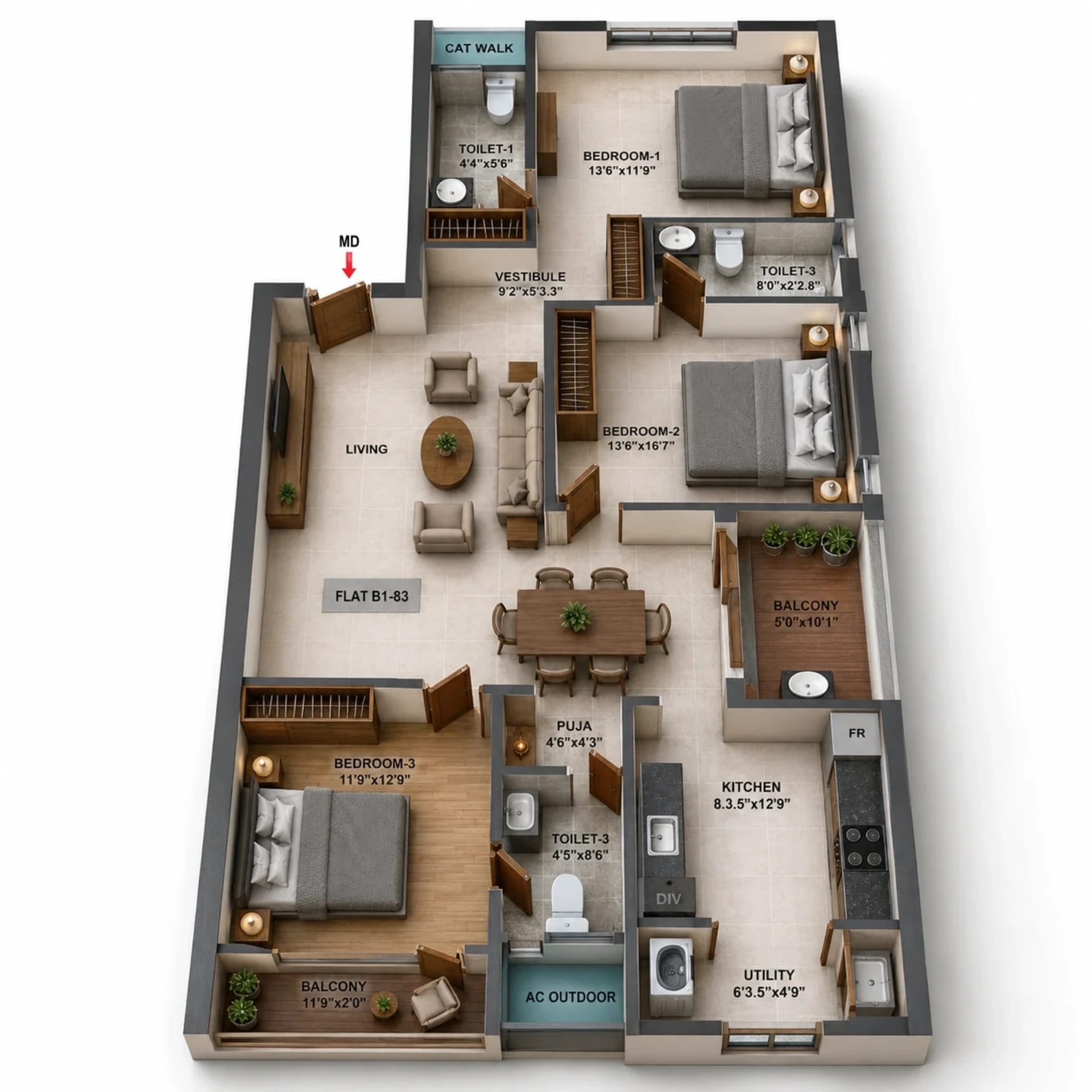 3 BHK Apartment Floor Plan – JKB Hayagriva
