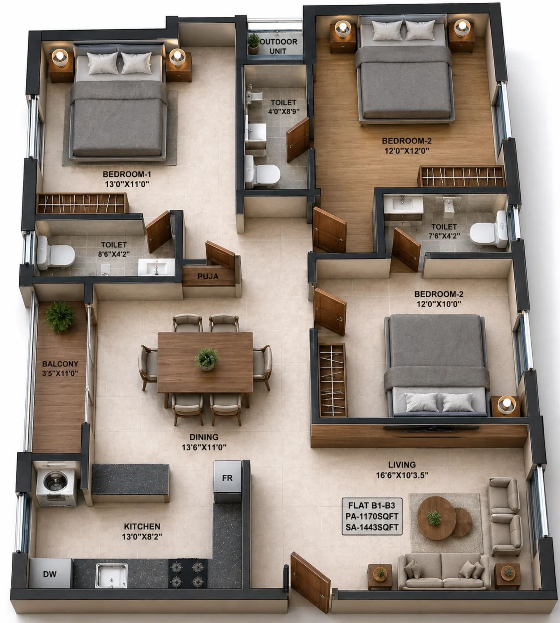 3 BHK Apartment Floor Plan – JKB Harsha
