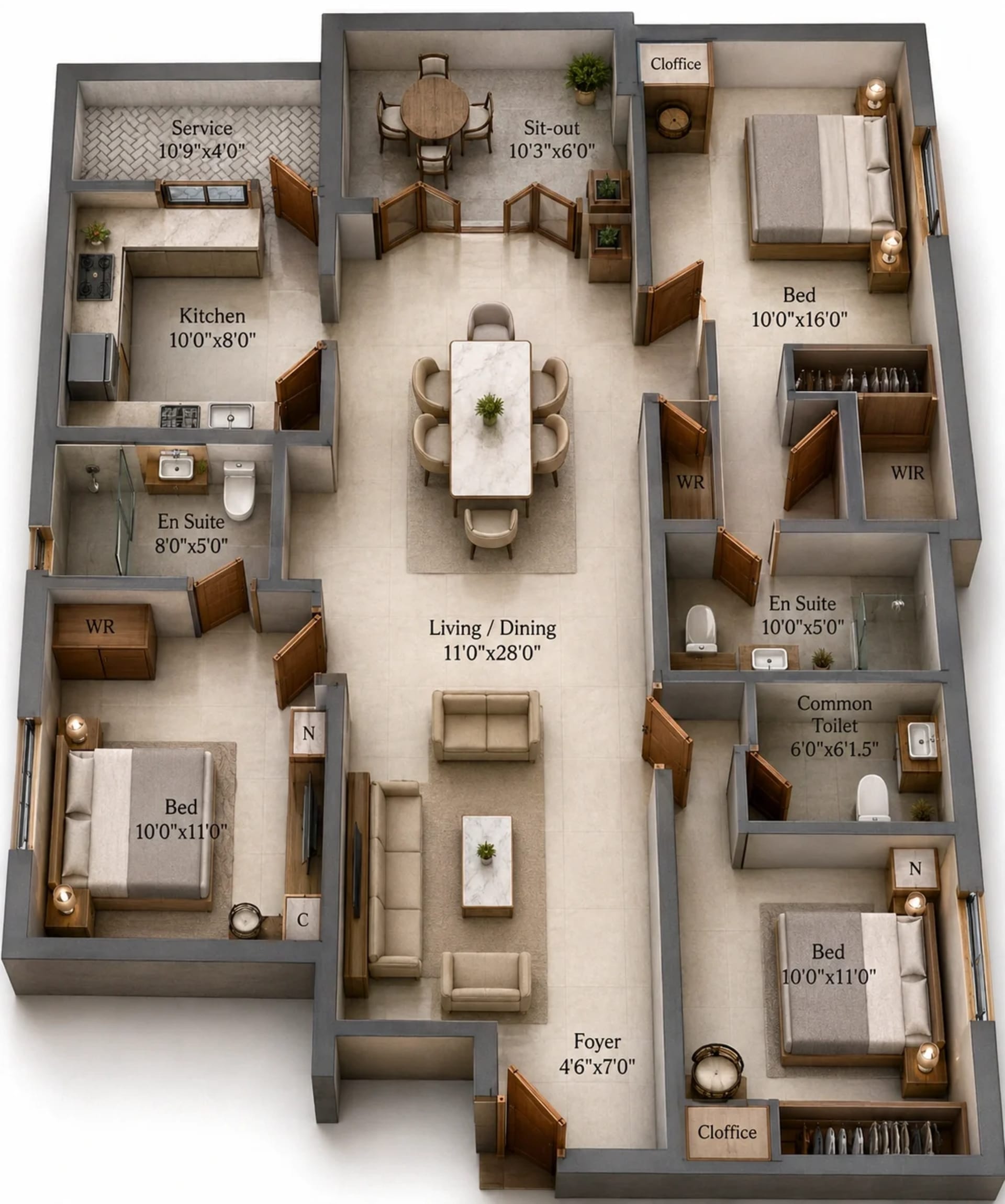 3 BHK Apartment Floor Plan – Trumps Rajmeena Paradise