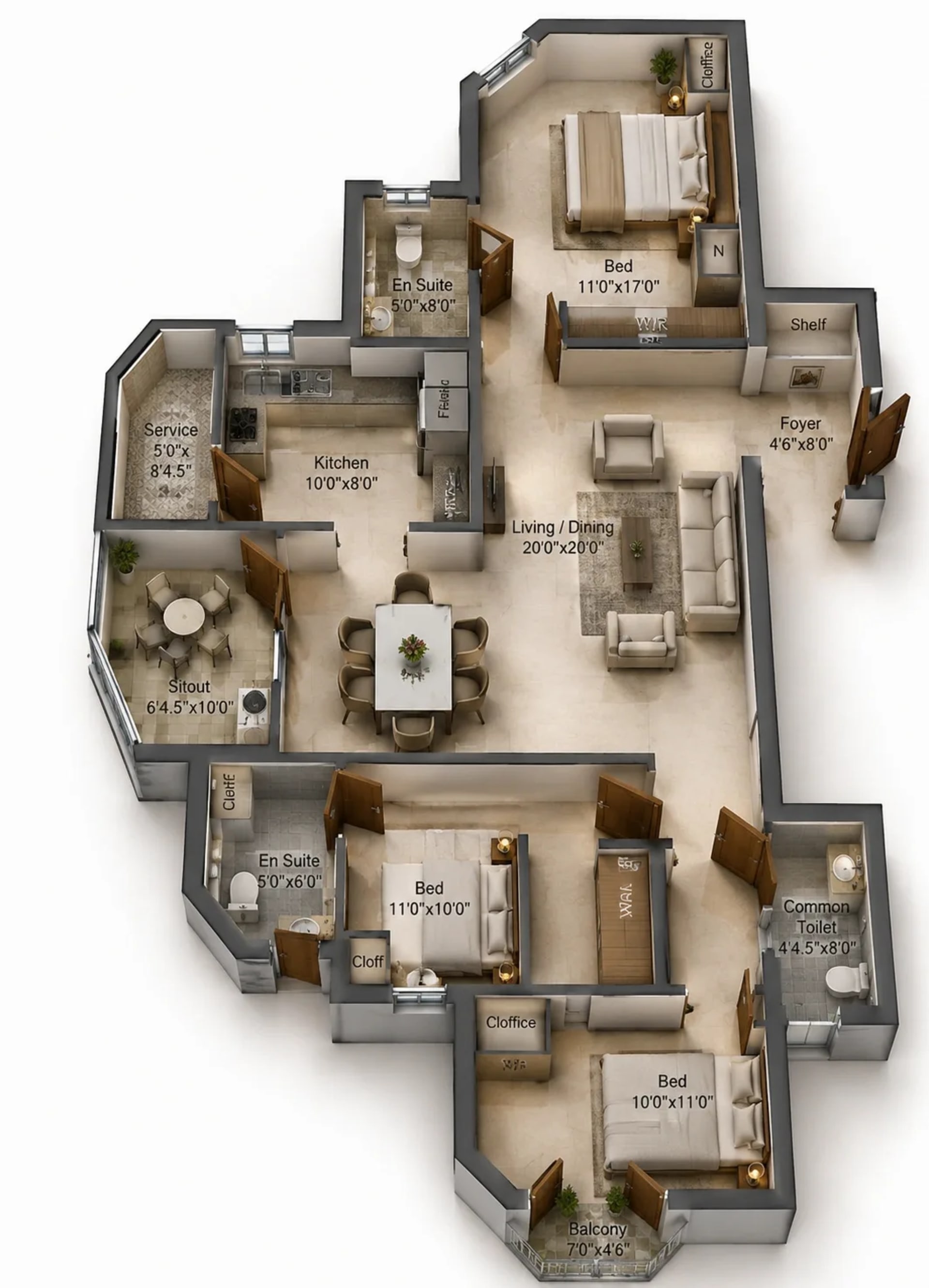 3 BHK Apartment Floor Plan – Trumps Rajmeena Paradise
