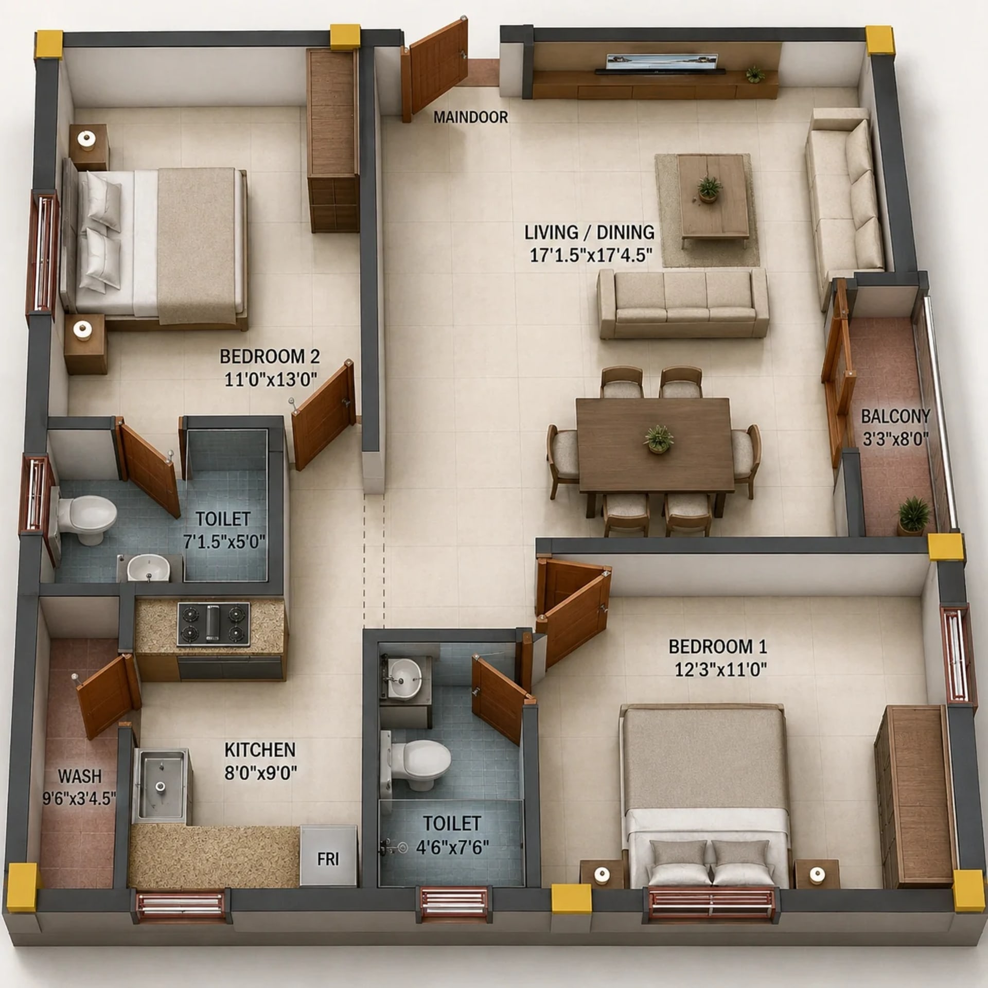 2 BHK Apartment Floor Plan – Redbrick Meera Residences