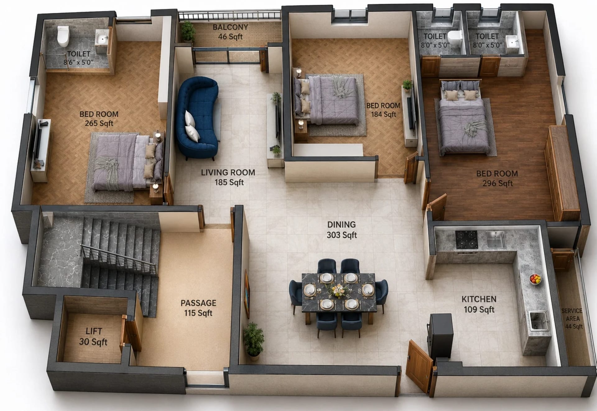 3 BHK Apartment Floor Plan – Oblong The Capella