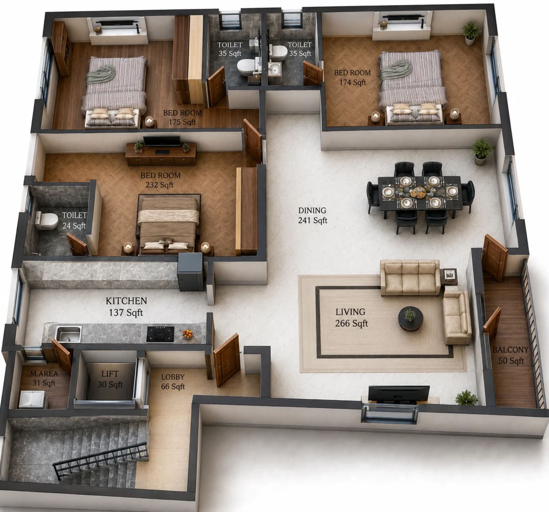 3 BHK Apartment Floor Plan – Oblong The Capella