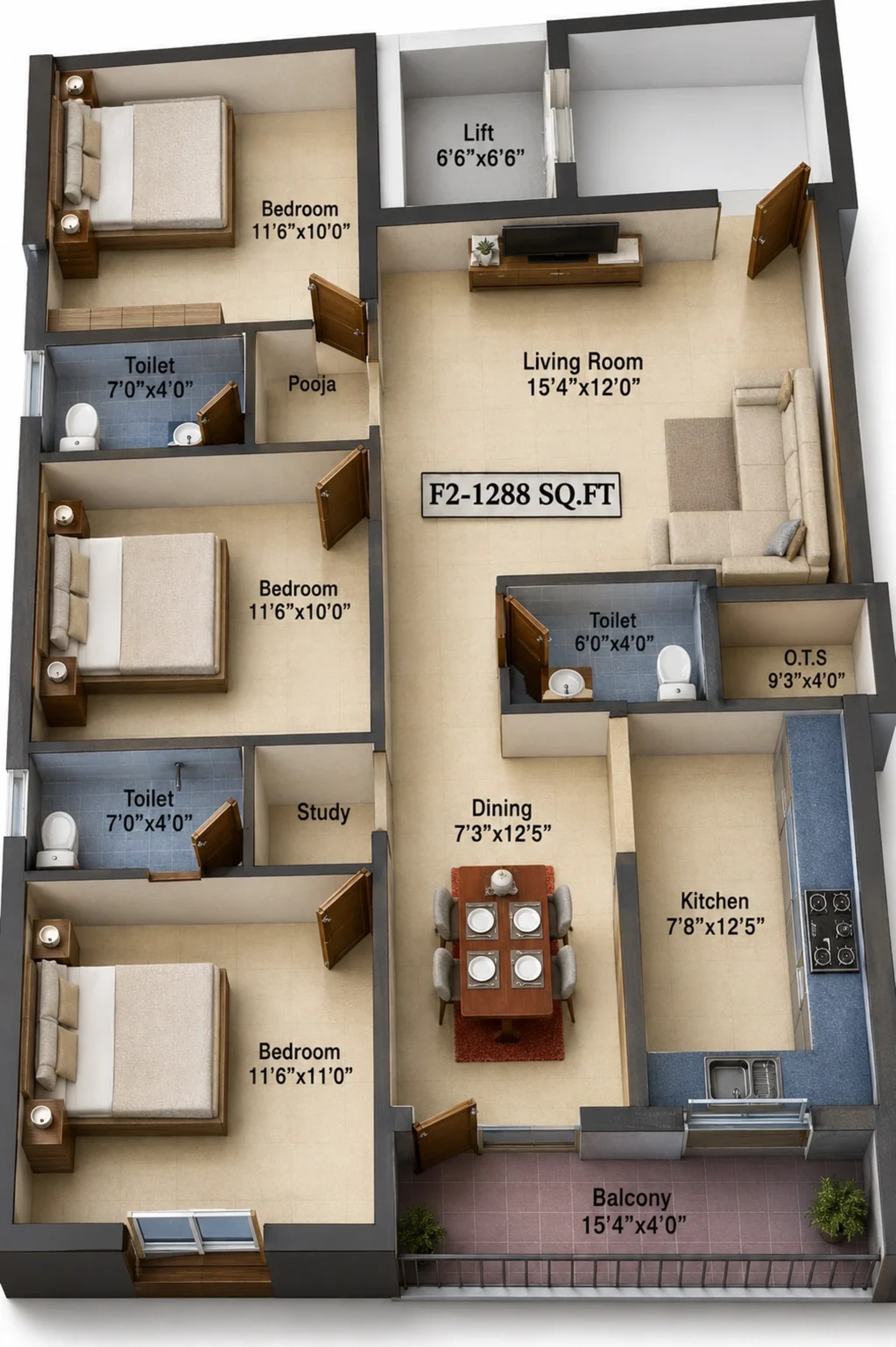 3 BHK Apartment Floor Plan – Grand Excelencia