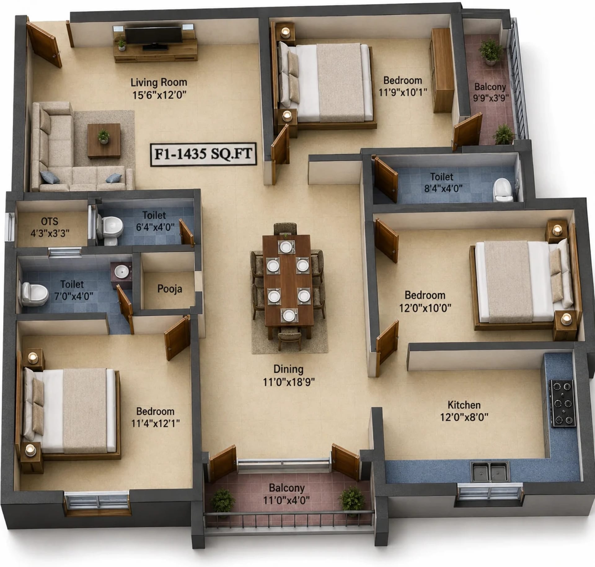 3 BHK Apartment Floor Plan – Grand Excelencia