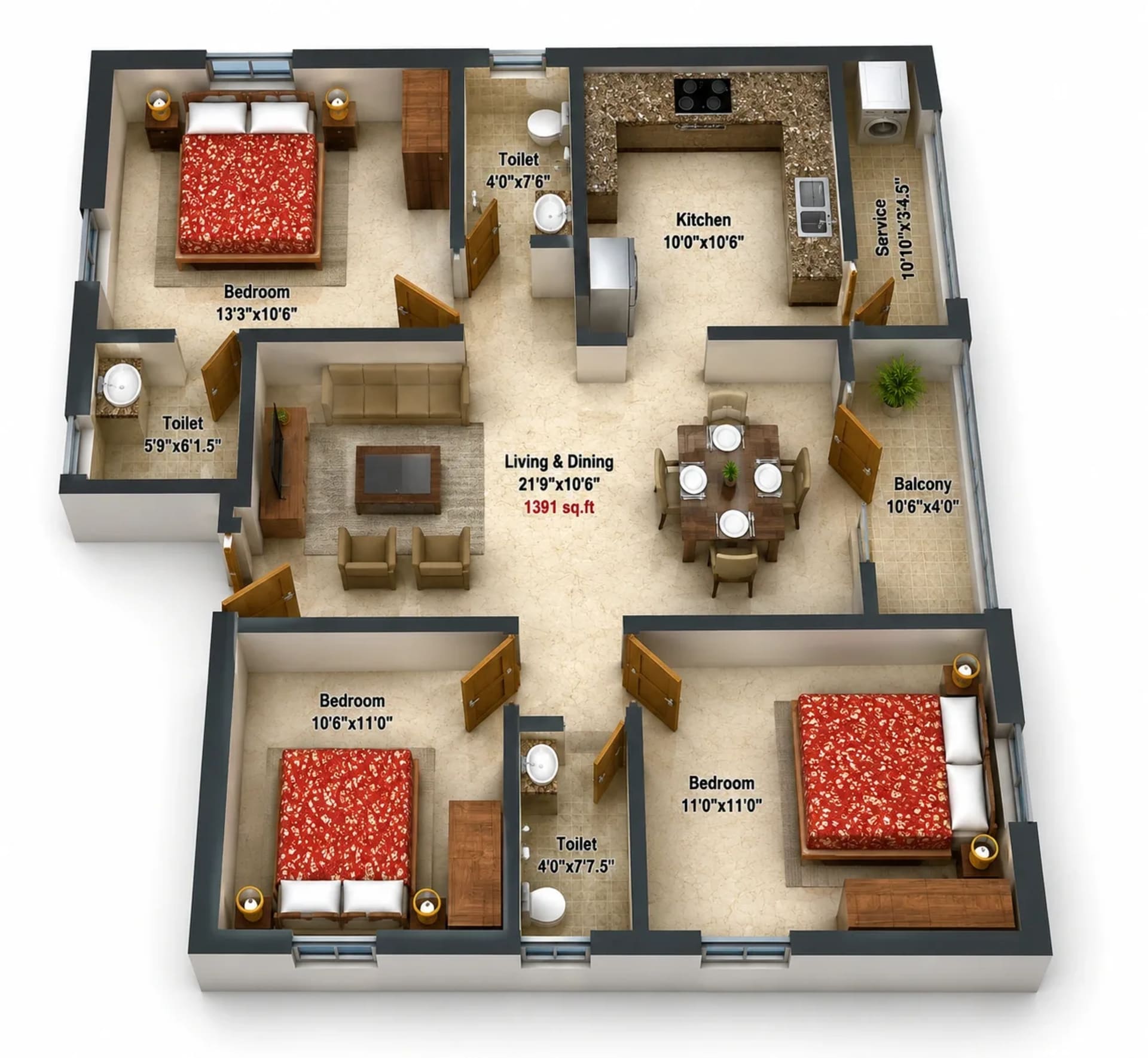 3 BHK Apartment Floor Plan – Rajus Maruthi