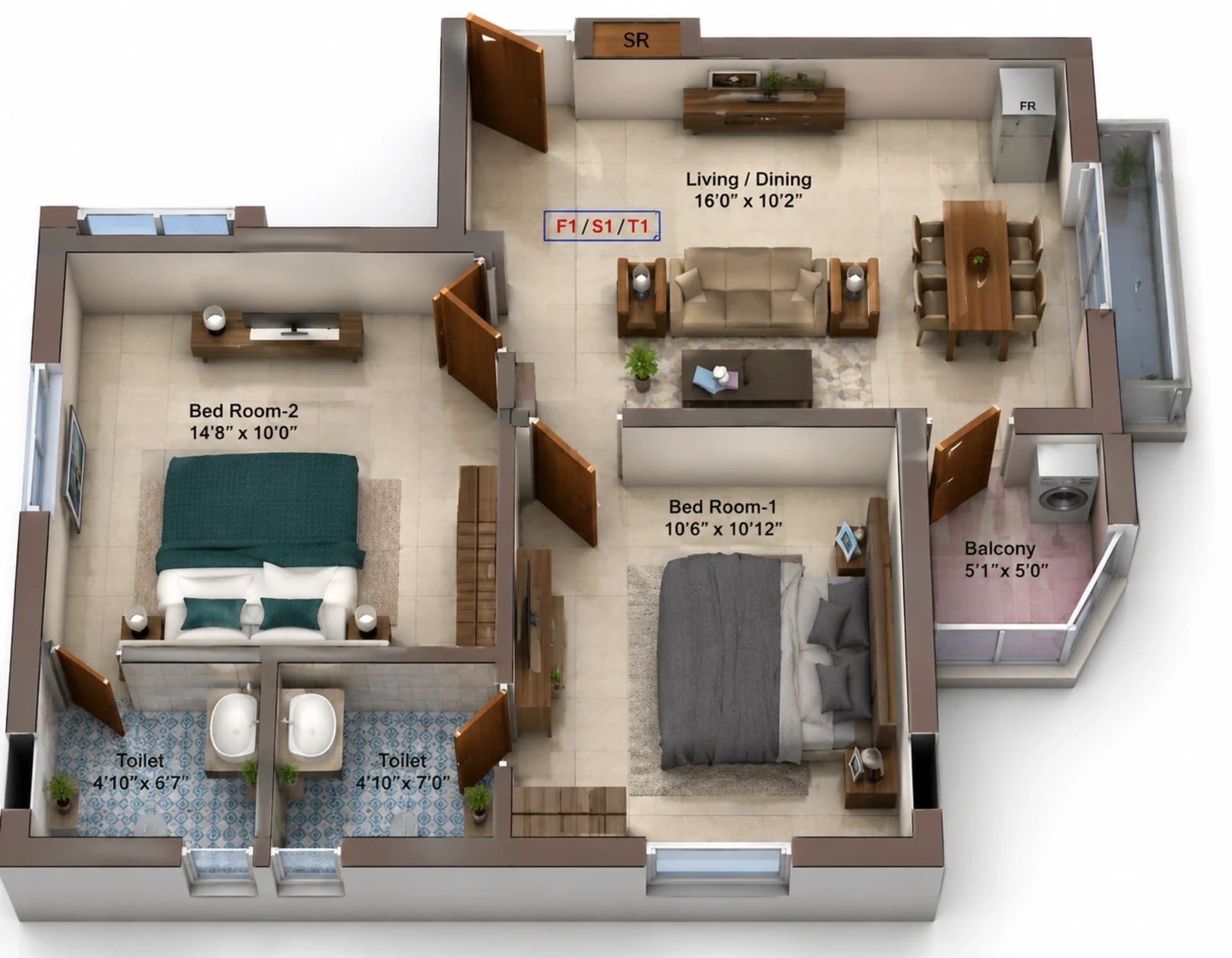 2 BHK Apartment Floor Plan – Rajus Fortune