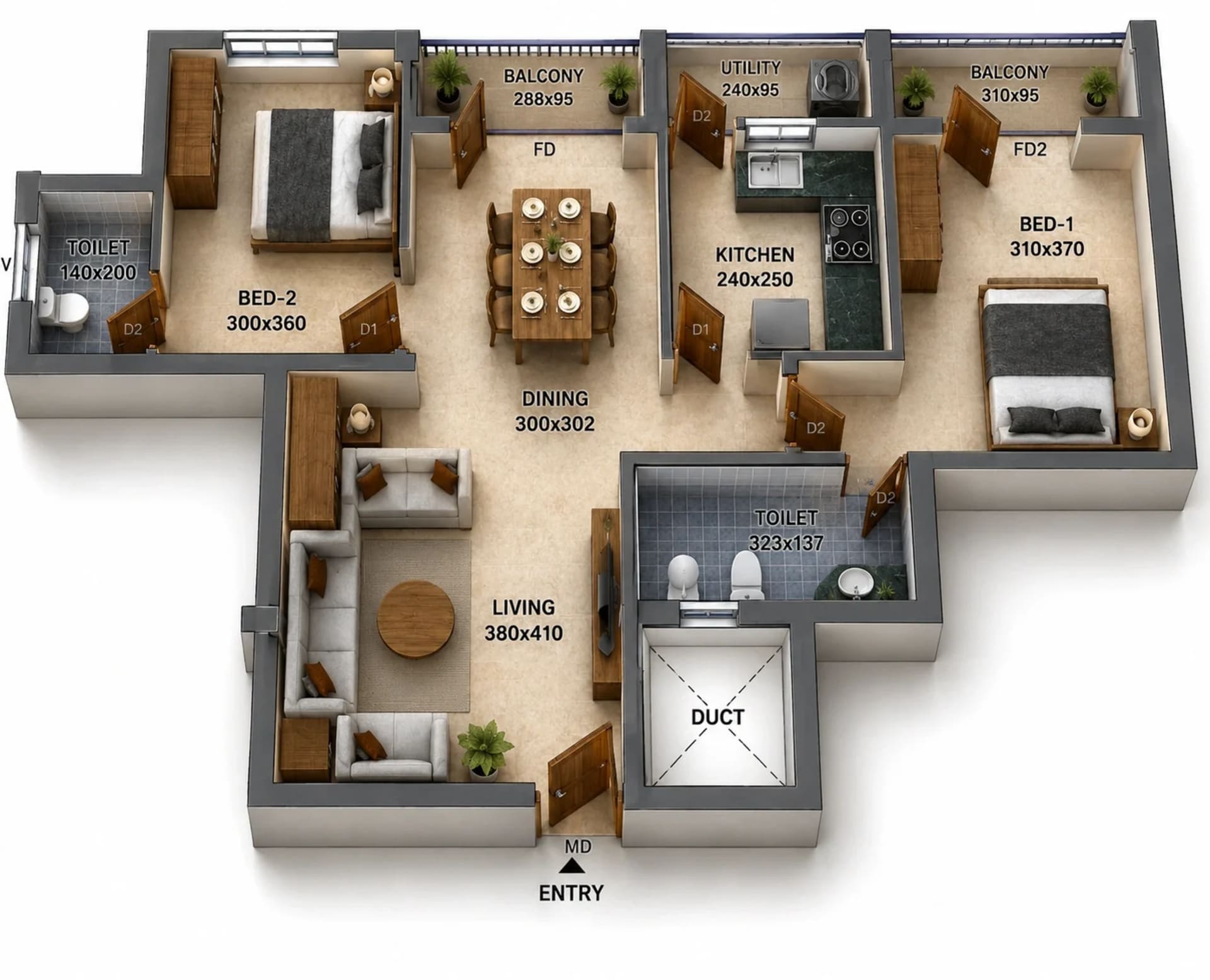 2 BHK Apartment Floor Plan – Shabeels The Nova