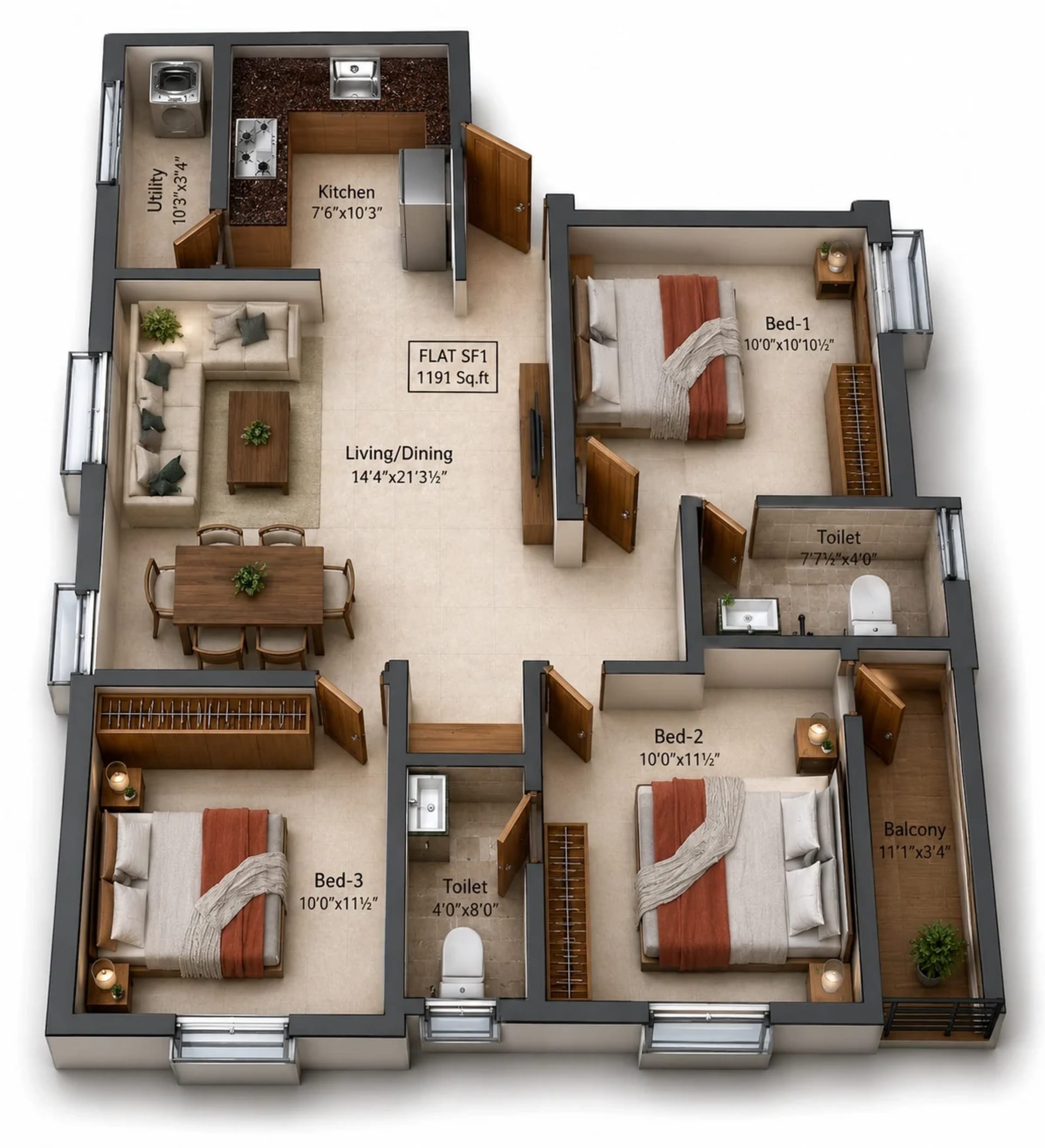 3 BHK Apartment Floor Plan – Charan Symphony