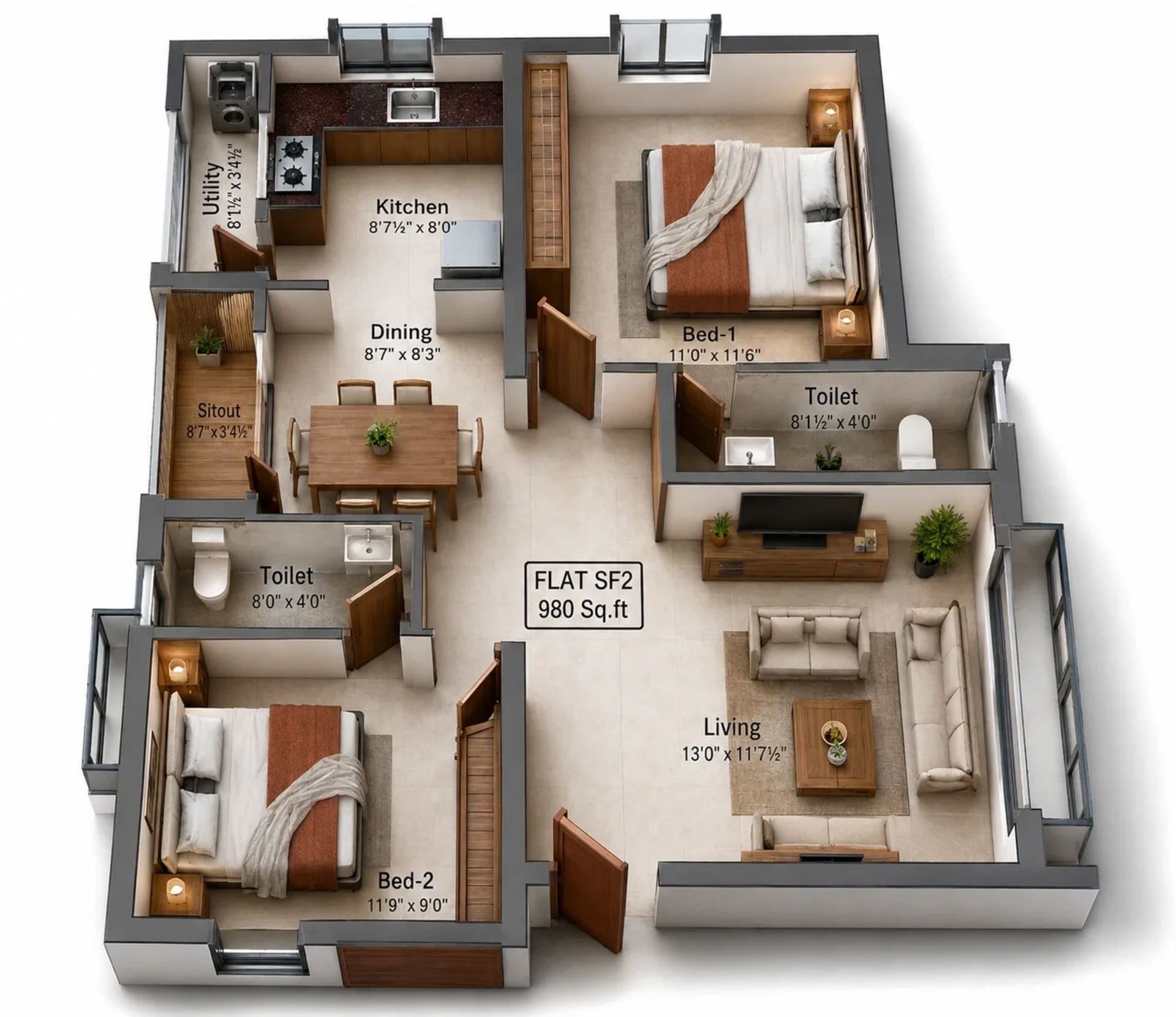 2 BHK Apartment Floor Plan – Charan Symphony