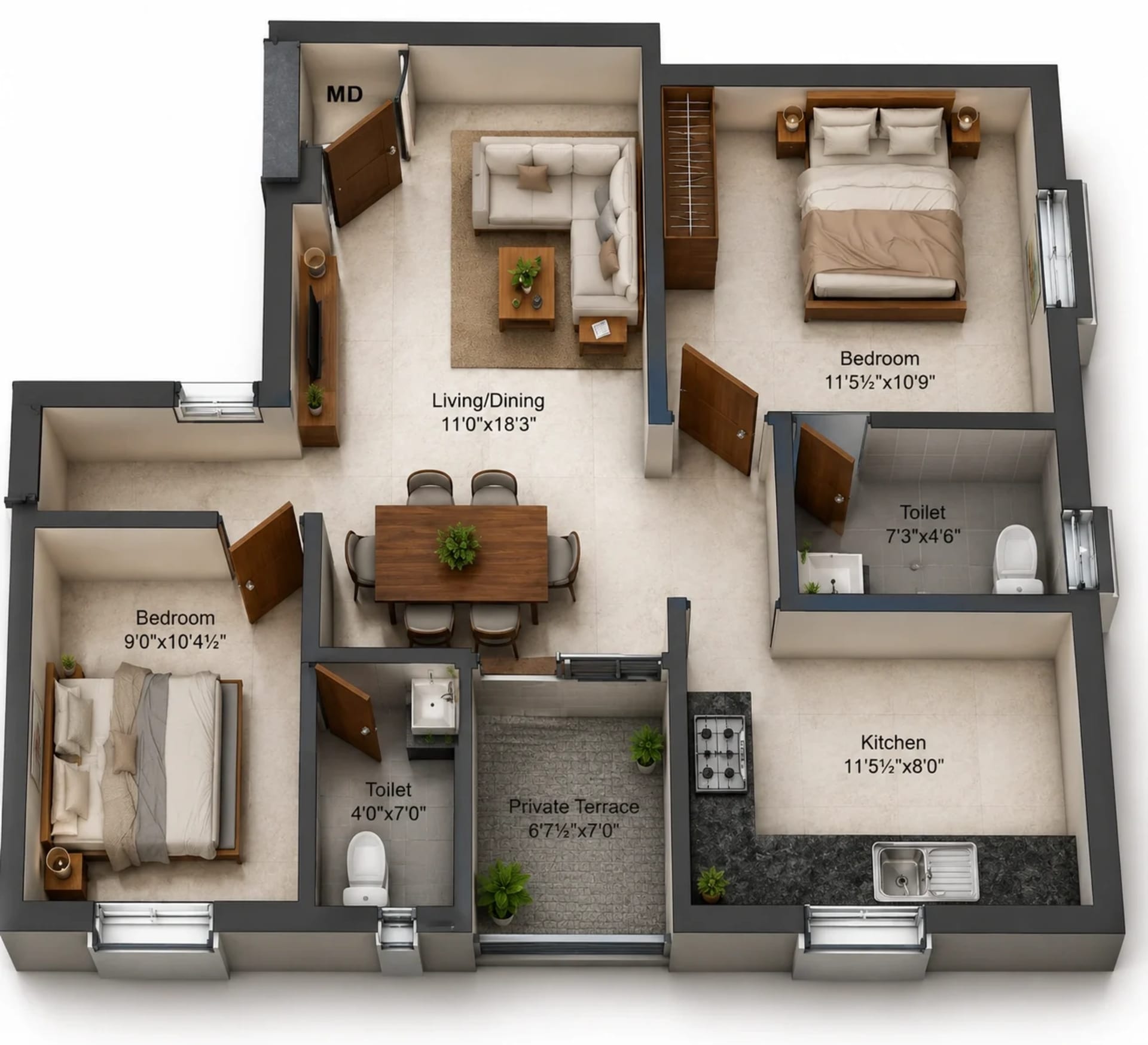 2 BHK Apartment Floor Plan – Charan Paradise