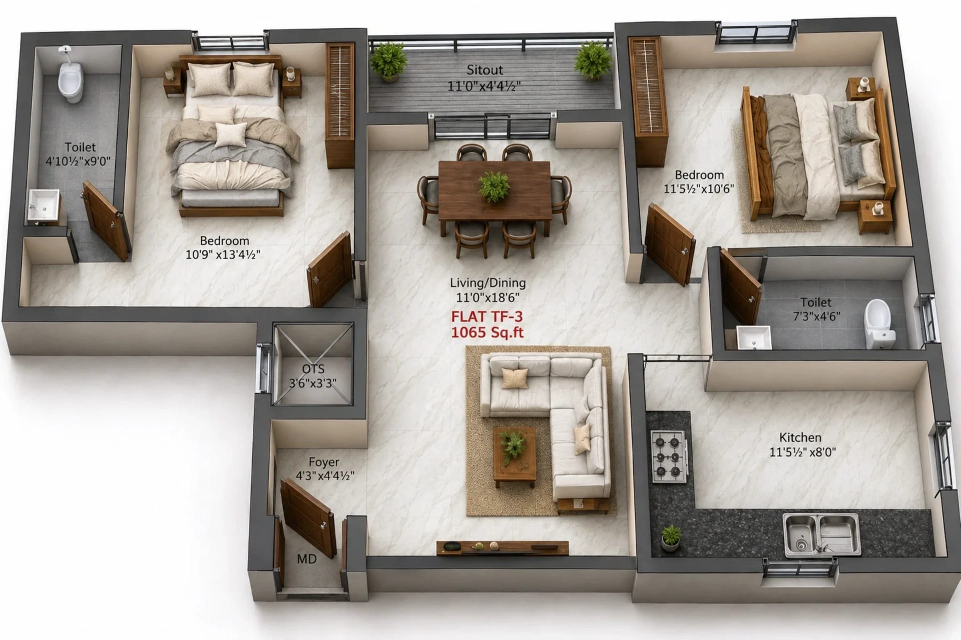 2 BHK Apartment Floor Plan – Charan Paradise