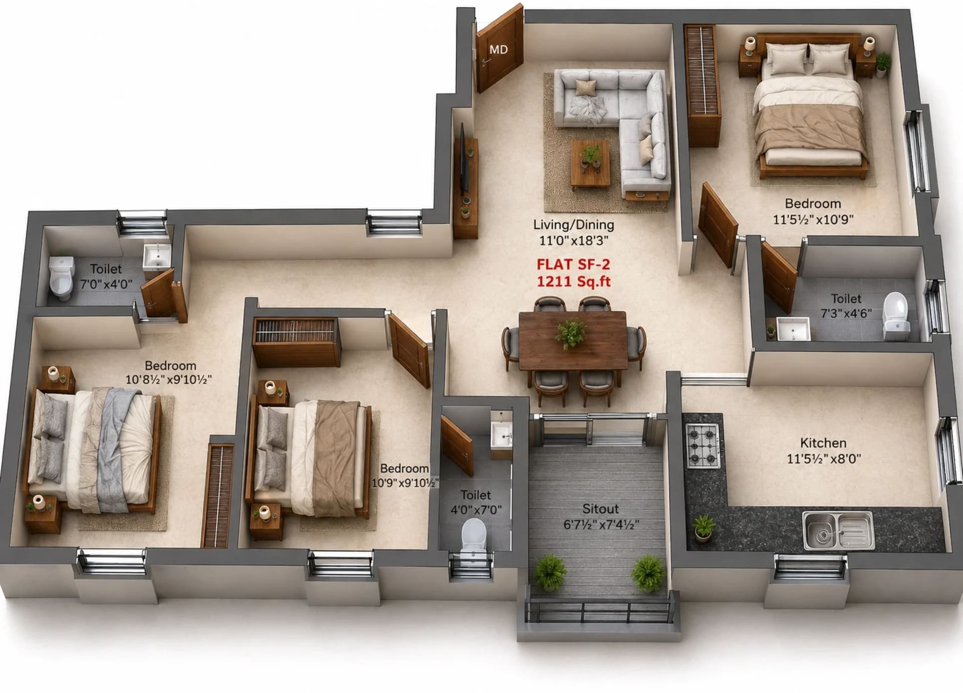 3 BHK Apartment Floor Plan – Charan Paradise