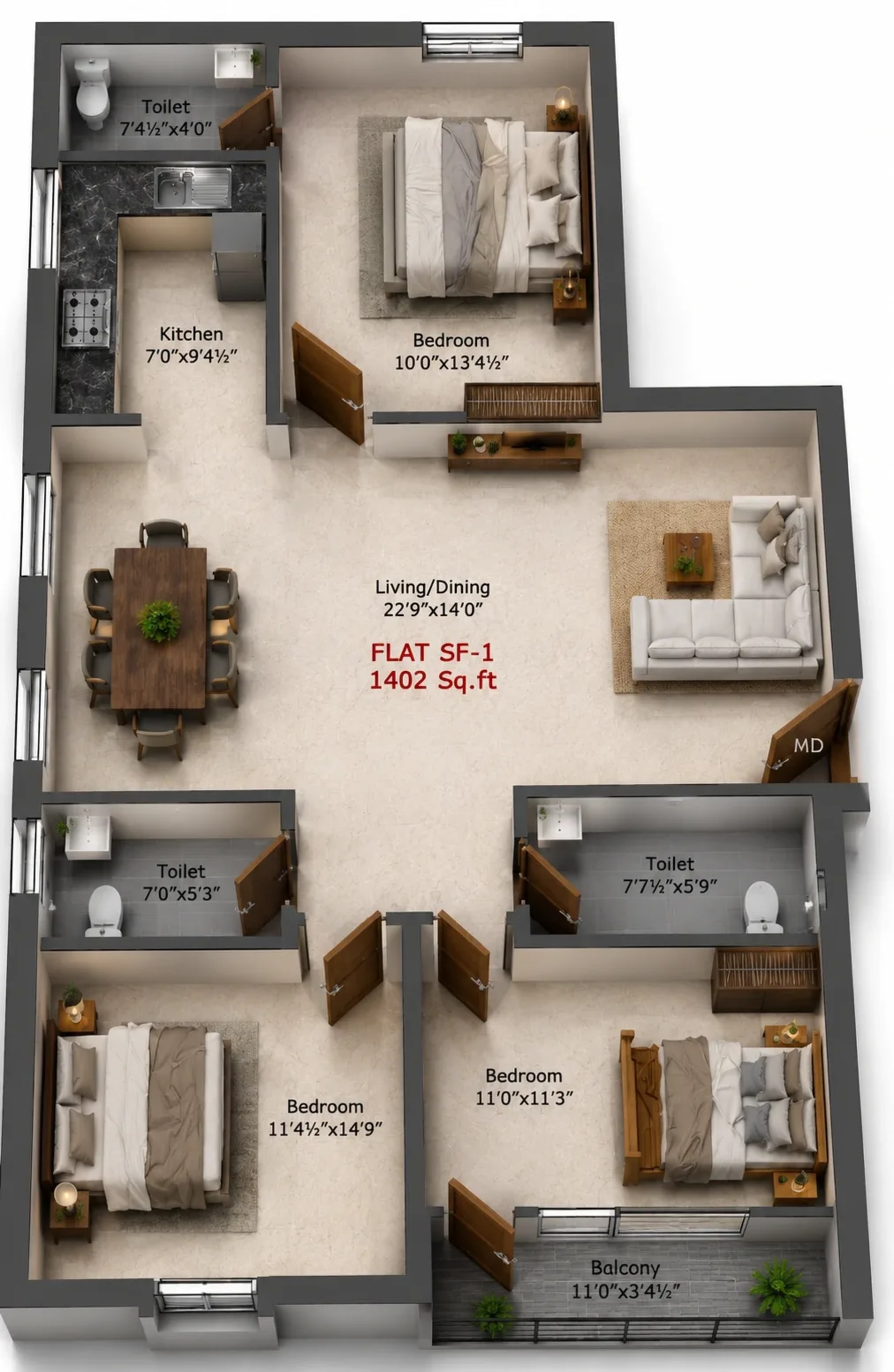 3 BHK Apartment Floor Plan – Charan Paradise