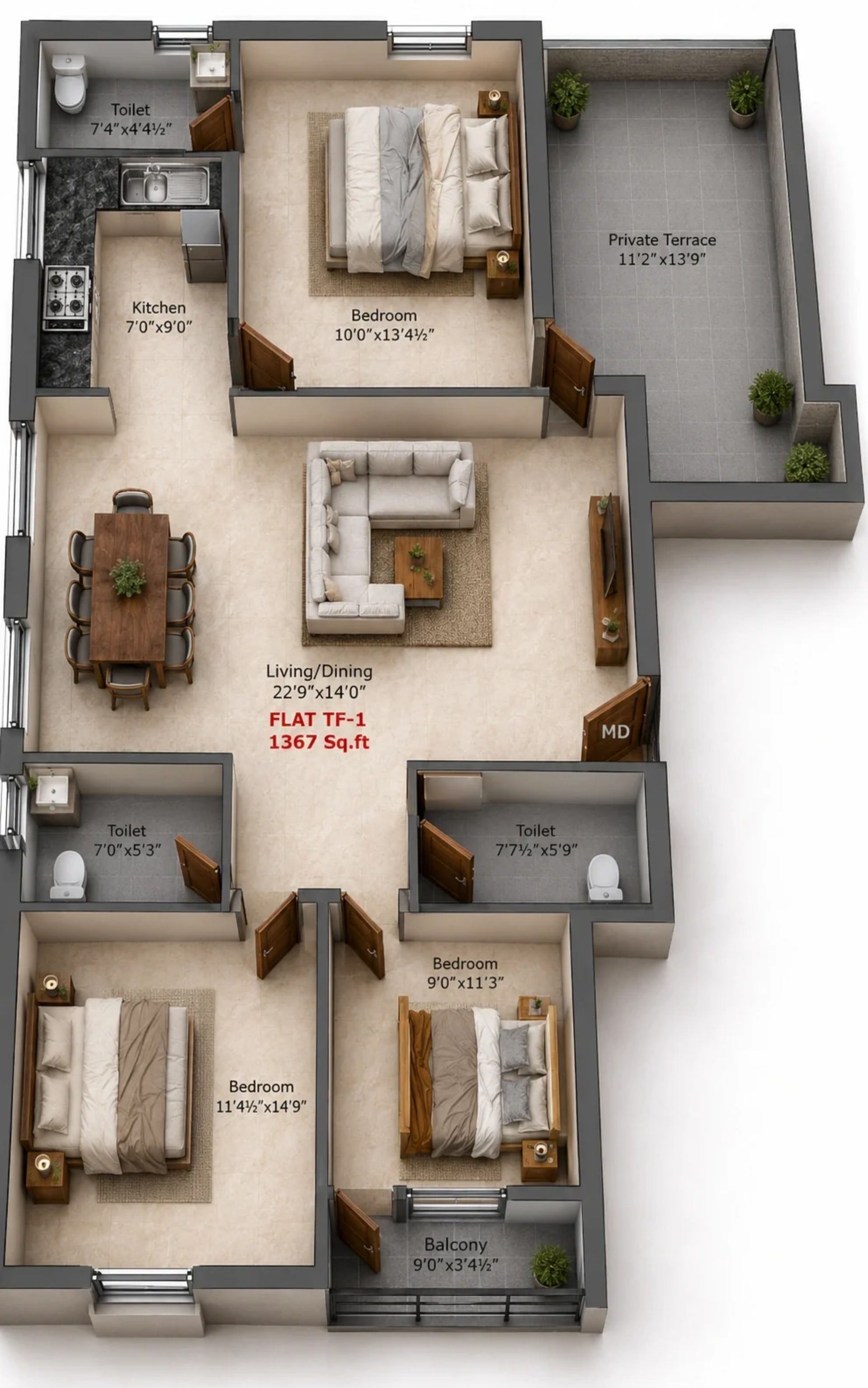 3 BHK Apartment Floor Plan – Charan Paradise