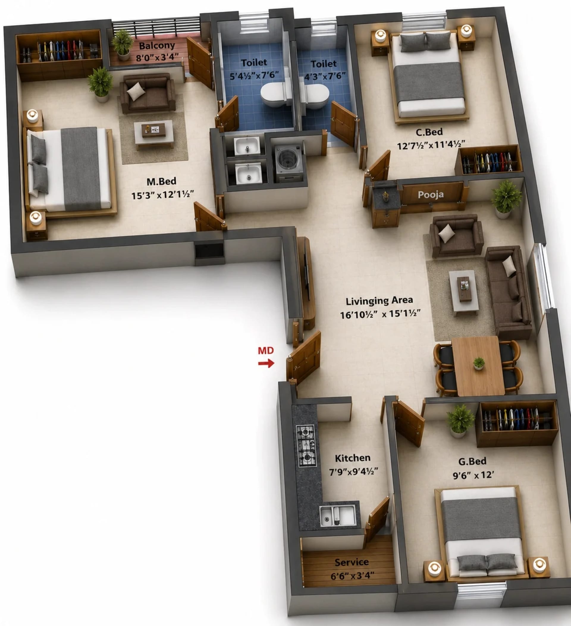3 BHK Apartment Floor Plan – Charan Mantra