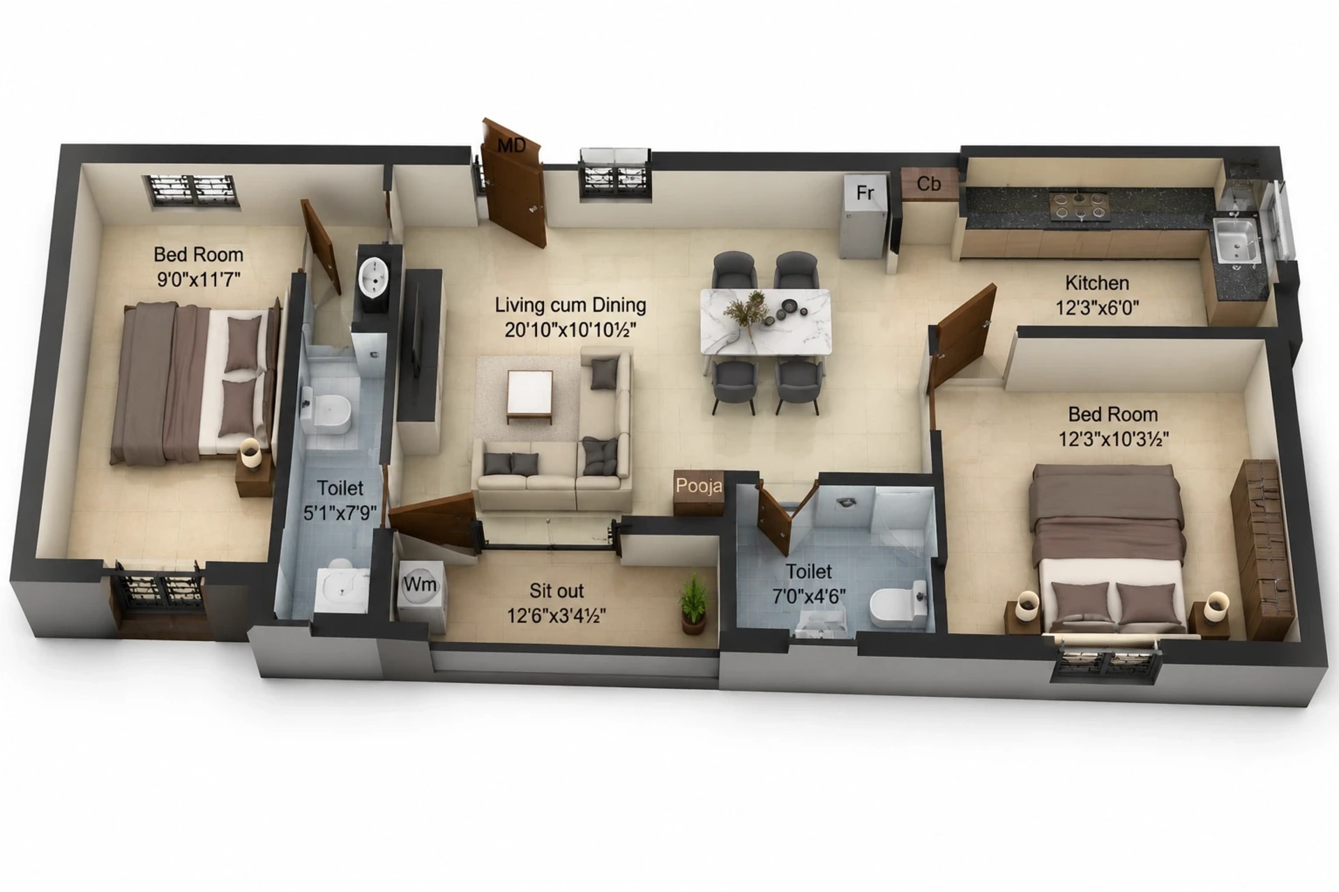 2 BHK Apartment Floor Plan – Charan Enclave