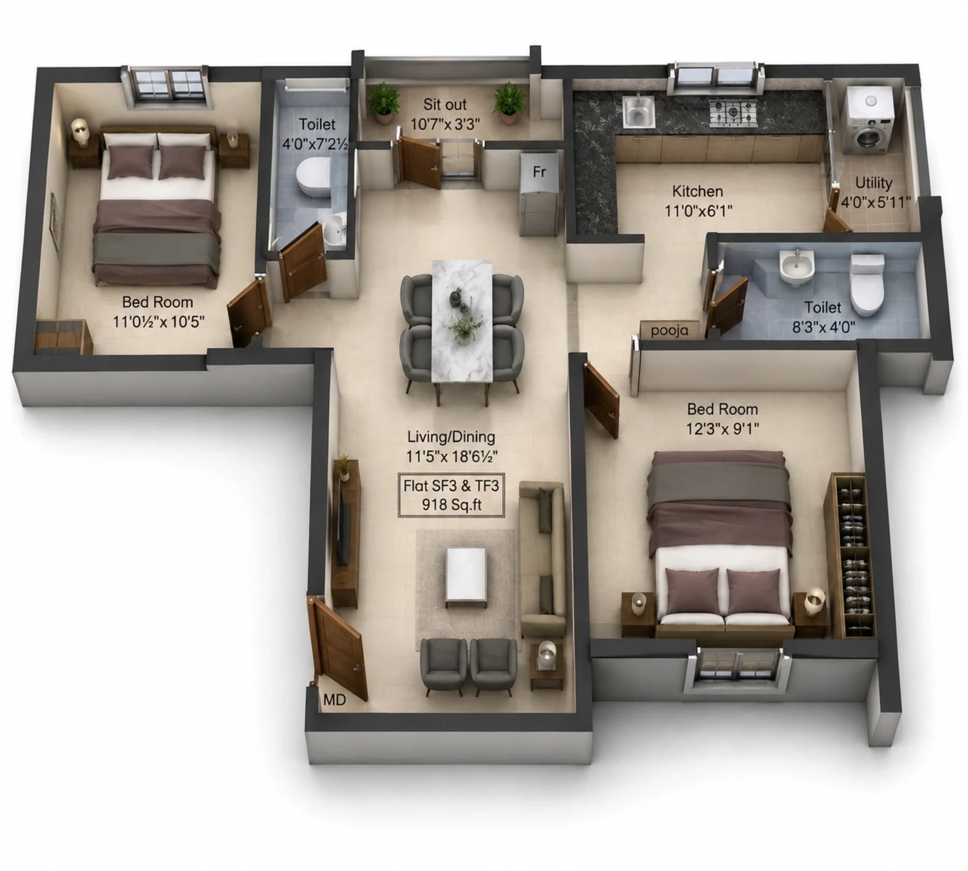 2 BHK Apartment Floor Plan – Charan Enclave