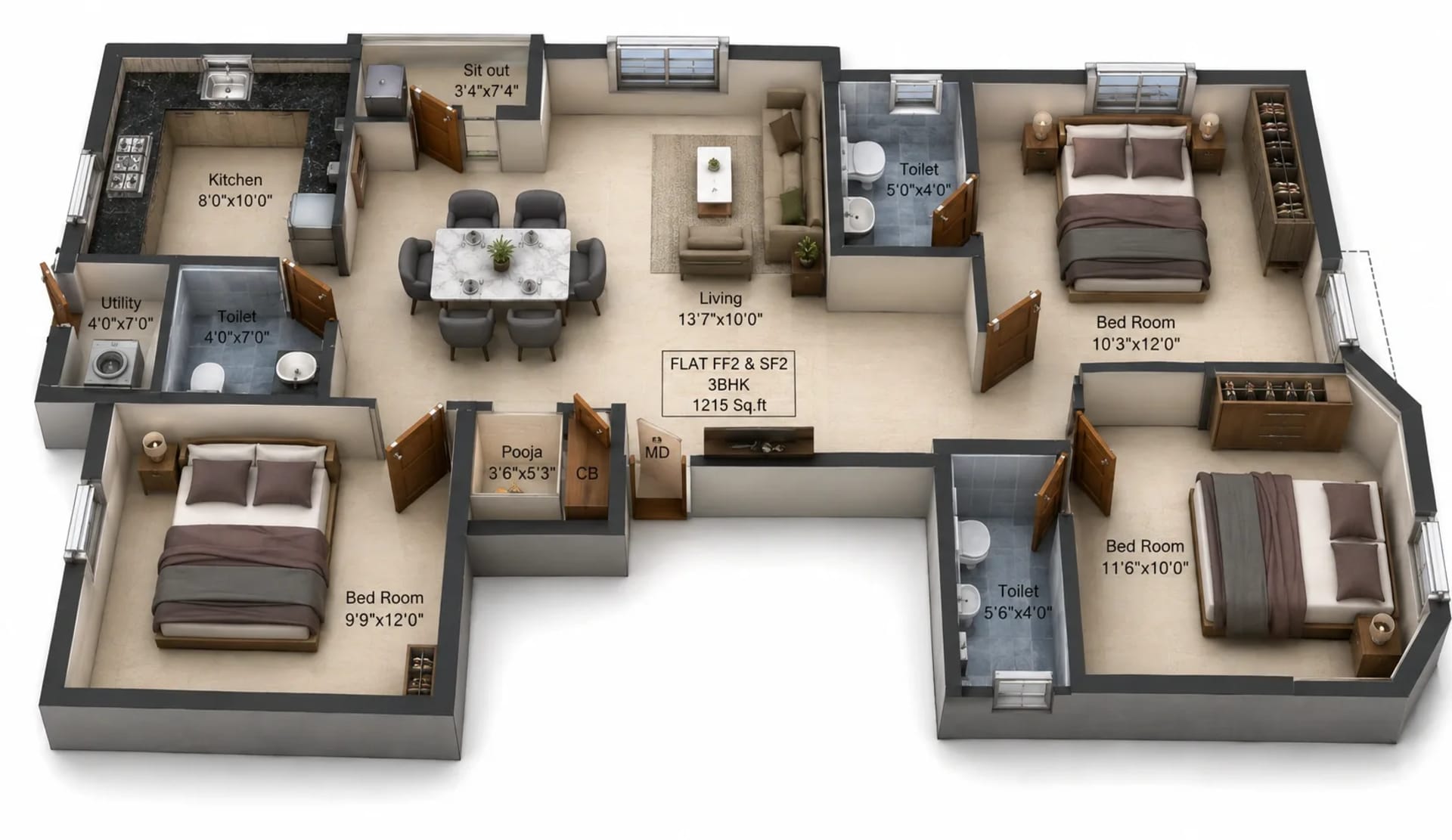 3 BHK Apartment Floor Plan – Charan Enclave