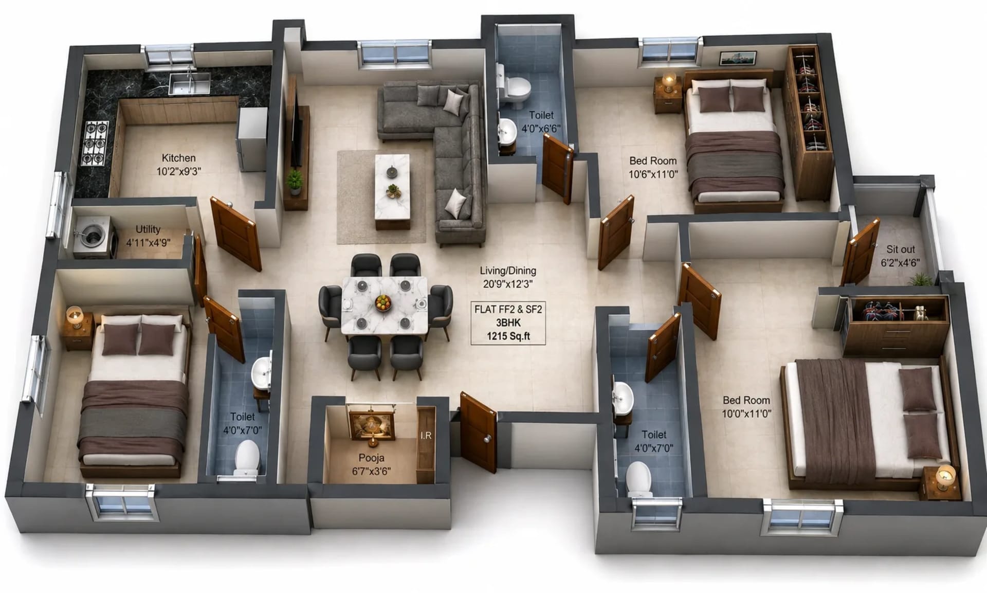 3 BHK Apartment Floor Plan – Charan Enclave