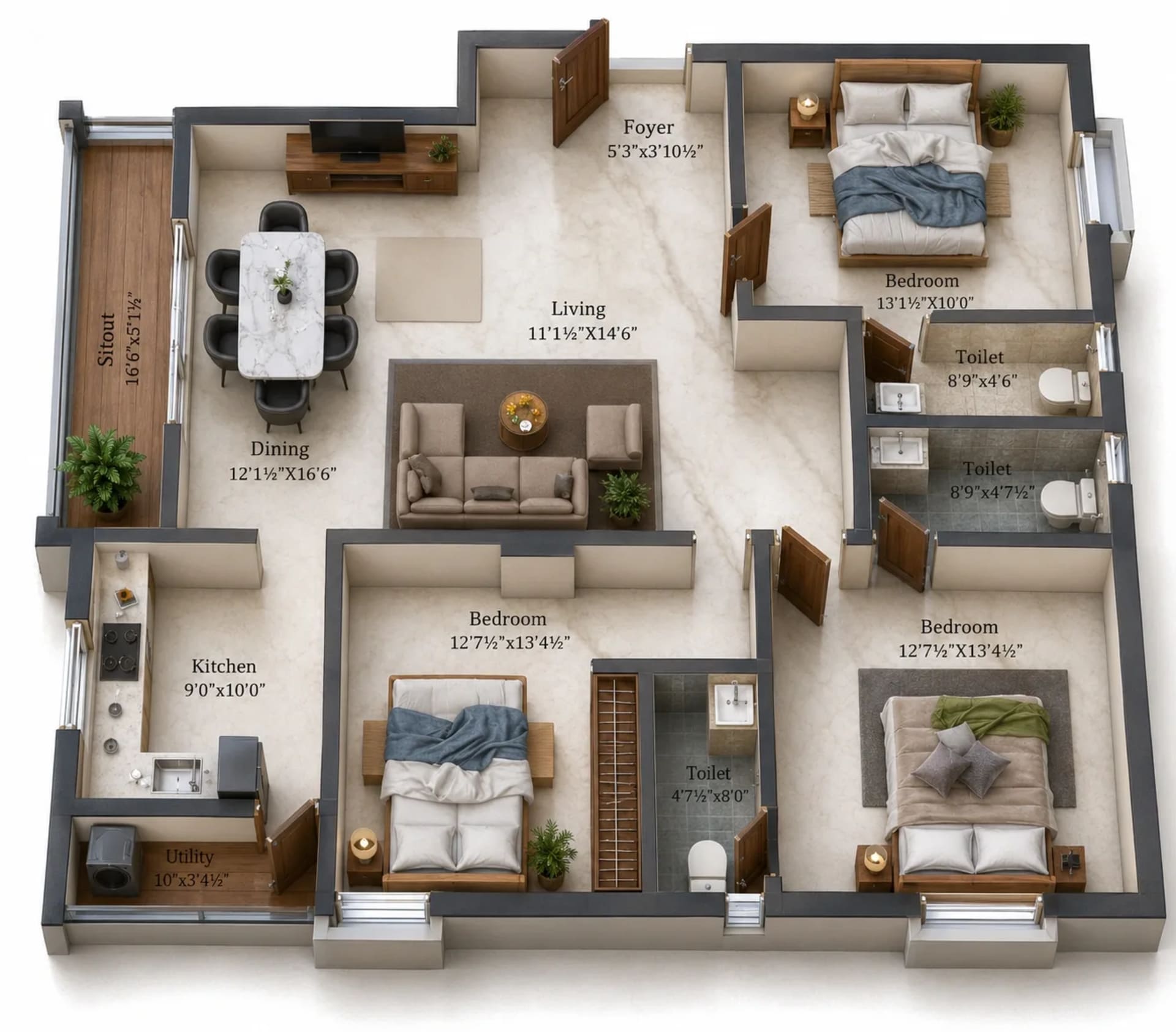 3 BHK Apartment Floor Plan – Charan Divine