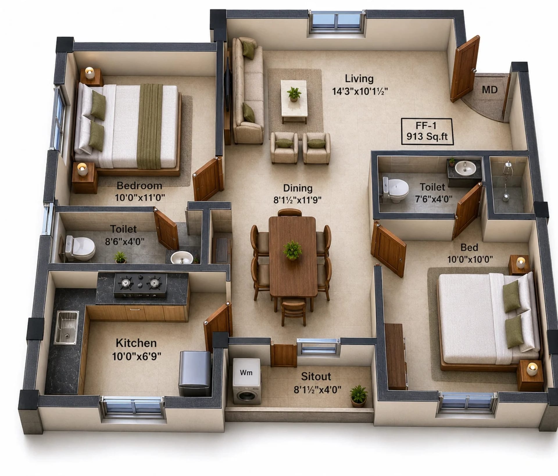 2 BHK Apartment Floor Plan – Charan Viruksham