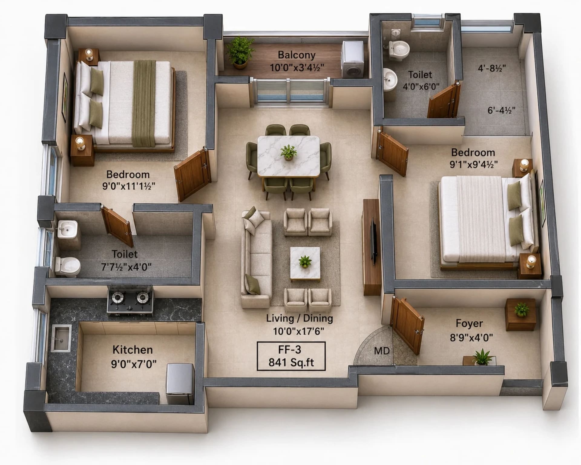 2 BHK Apartment Floor Plan – Charan Viruksham